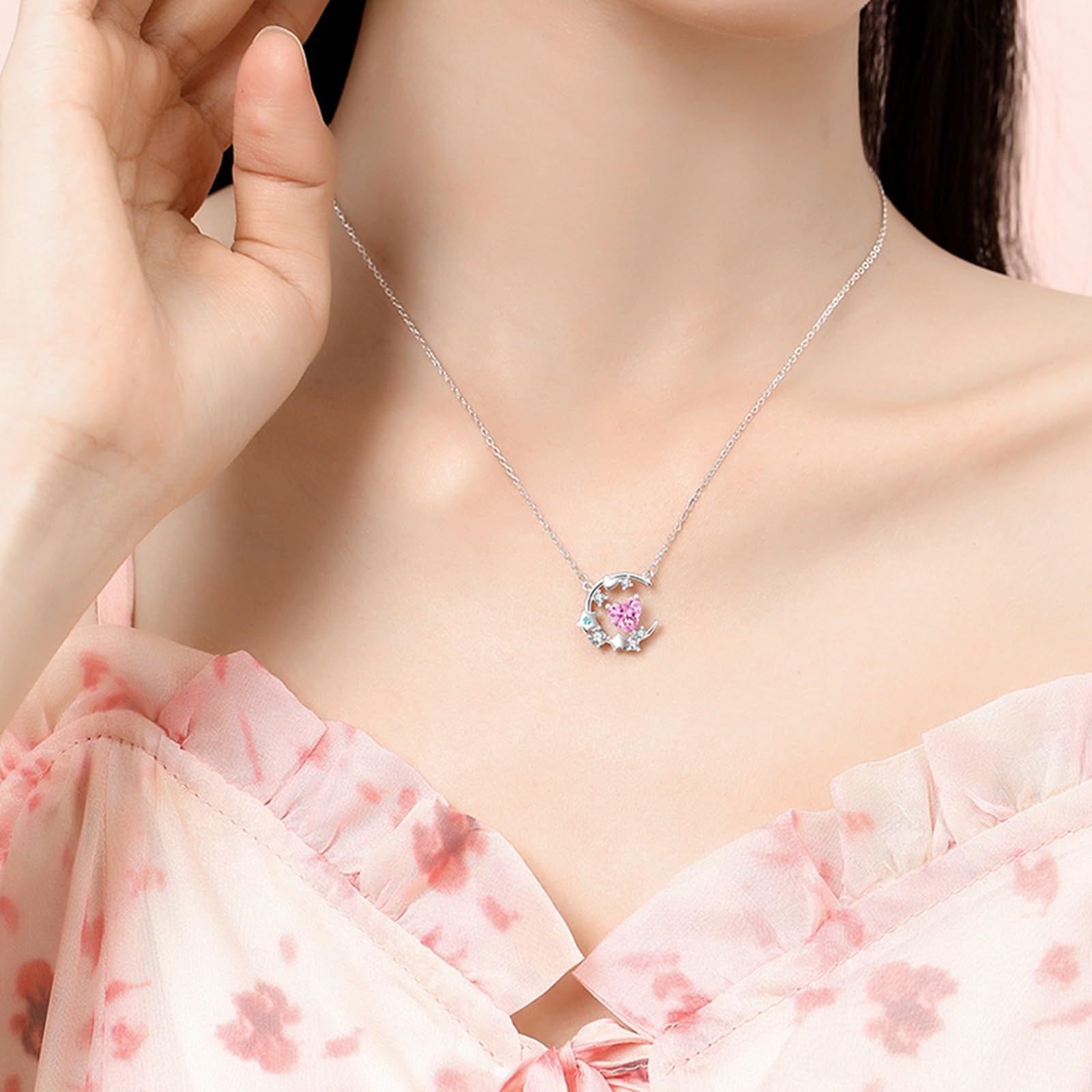 Collar de oro de 9/14/18 quilates para mujer, collar con colgante de estrella de luna con forma de corazón creado zafiro moissanita topacio oro real