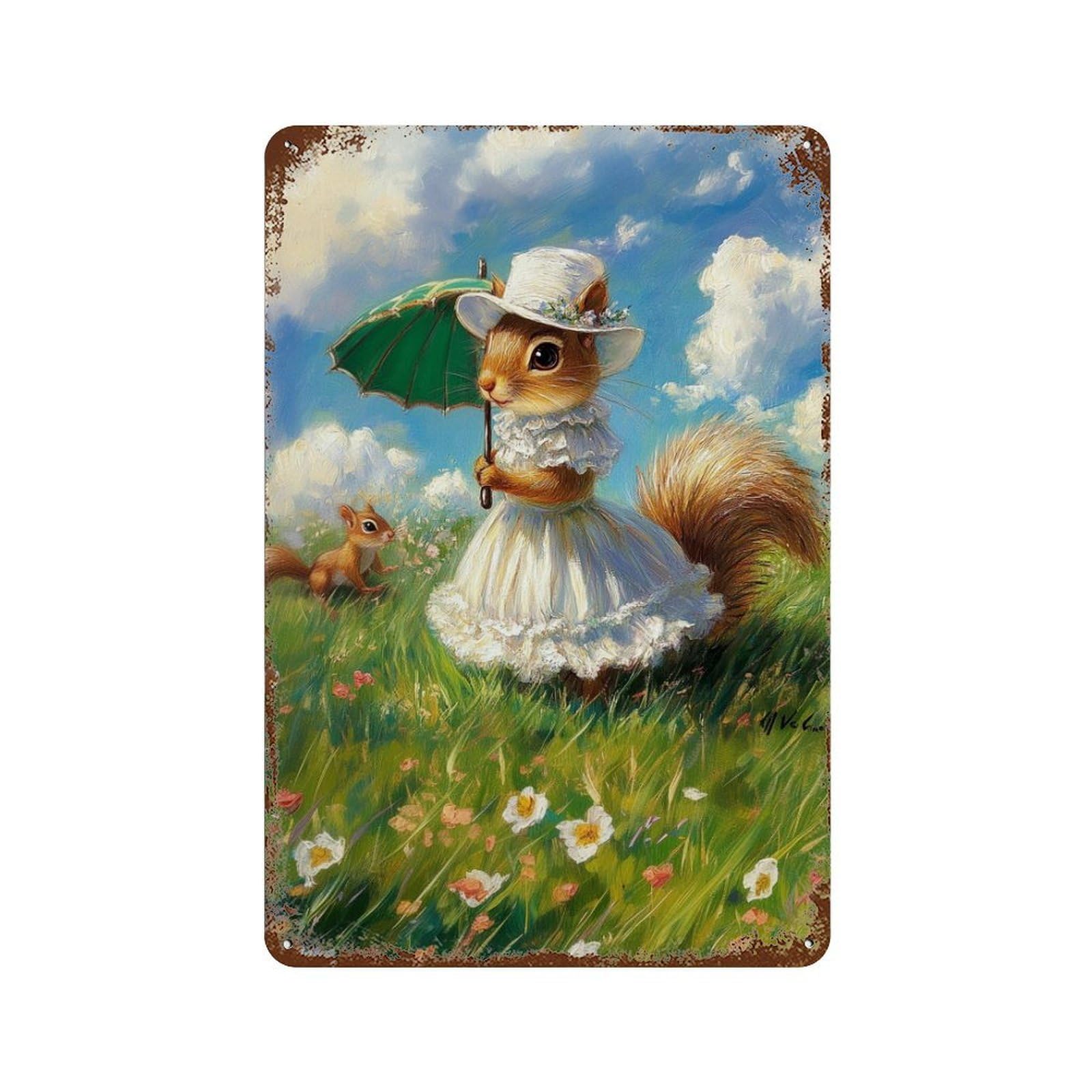 Weathered Tin Sign with Squirrel in Victorian Dress with Umbrella Design 11.8"x7.9", for Basement, Hobby Room And Garage Decor, Industrial Home Decor