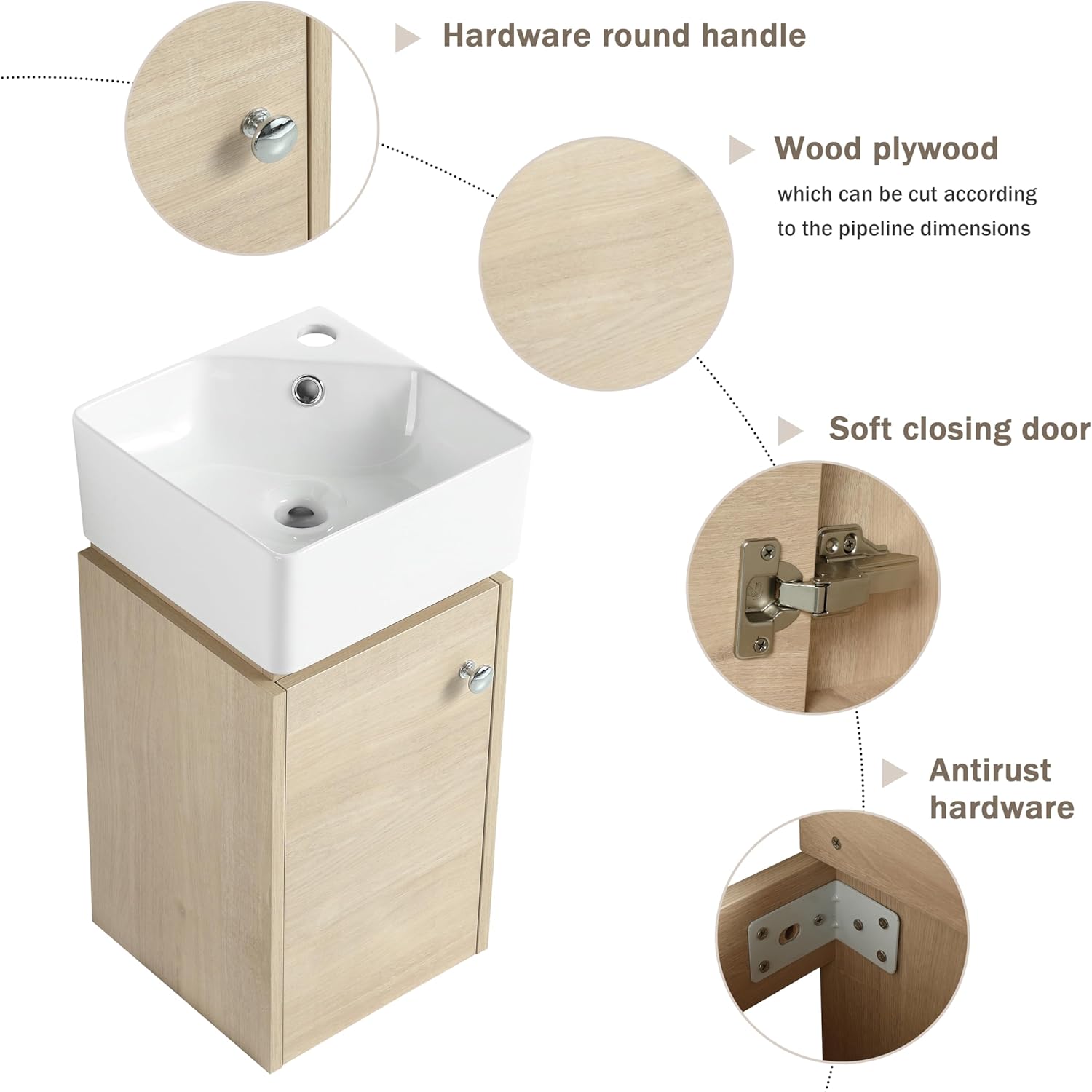 12" Bathroom Vanity with Ceramic Sink, Modern Floating Vanity, 12 Inch Single Sink Vanity Cabinet Combo, Brown Wall Mounted Storage Cabinet Set with Soft-closing Doors for Small Space(BN-045)