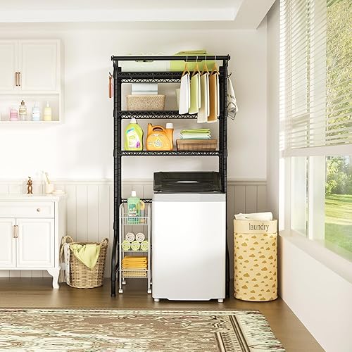 Miniatura 5 de Ulif U11 Estantes sobre Lavadora y Secadora, 3 Niveles de Almacenamiento y Organizador para Cuarto de Lavado Estante de Pie, Tendedero de Ropa