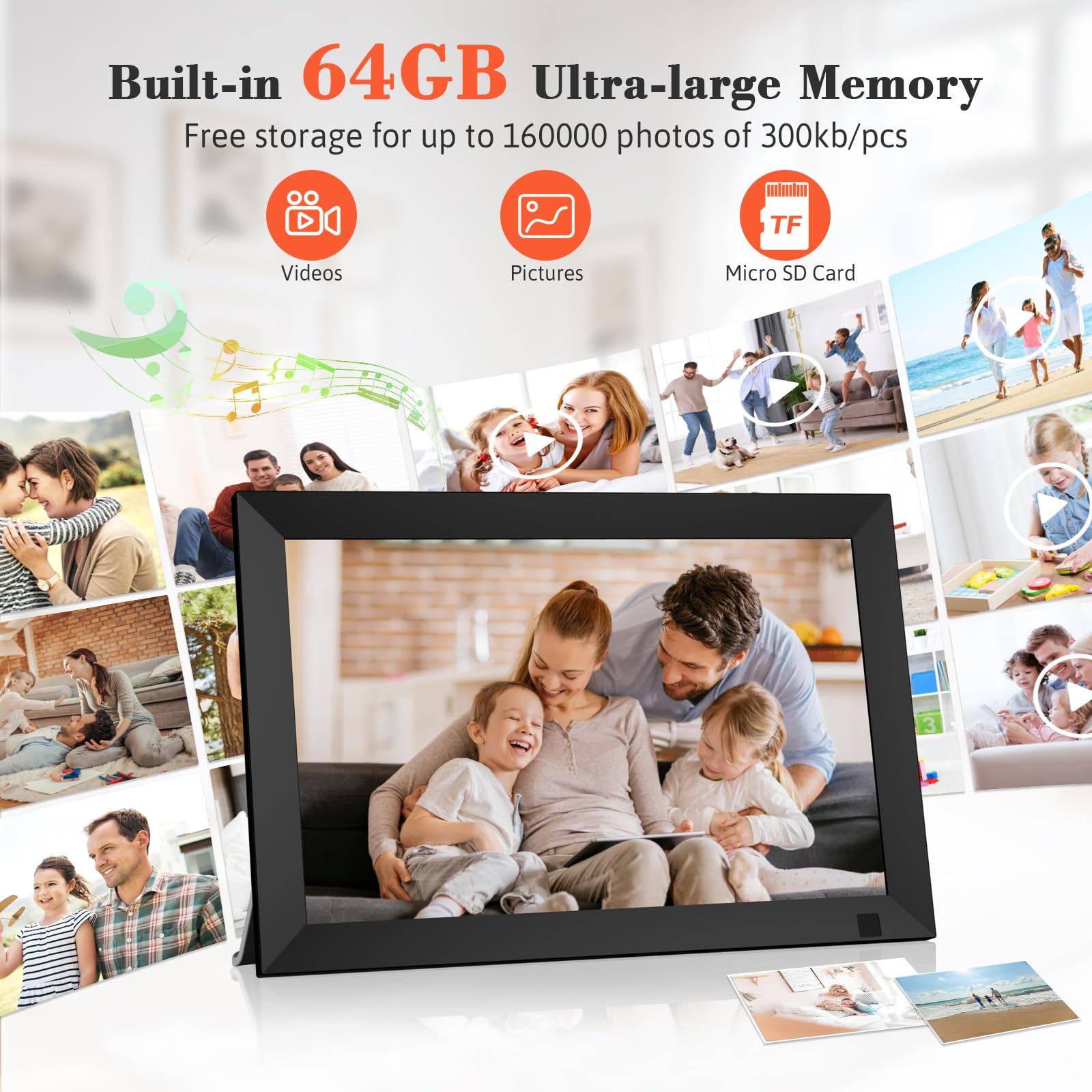 Cadre Photo Numérique WiFi de 10,1 Pouces, Mémoire Intégrée de 64 Go, Écran Tactile IPS LCD de 1280x800, Rotation Automatique et Fonction Audio, Partage à Distance de Photos et Vidéos