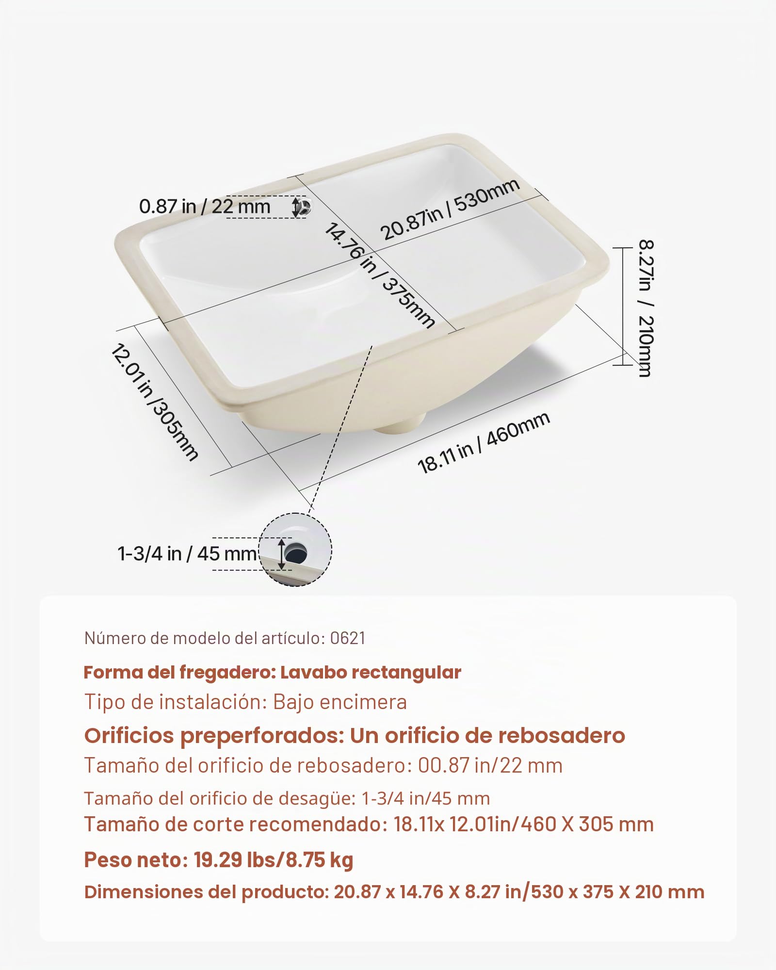 VEVOR Lavabo Bajo Encimera de Cerámica Rectangular, con Rebosadero, Fregadero de Cocina Moderno para Espacios Pequeños, Resistente a las Manchas y el Amarilleo, Color Blanco, 530 x 375 x 210 mm