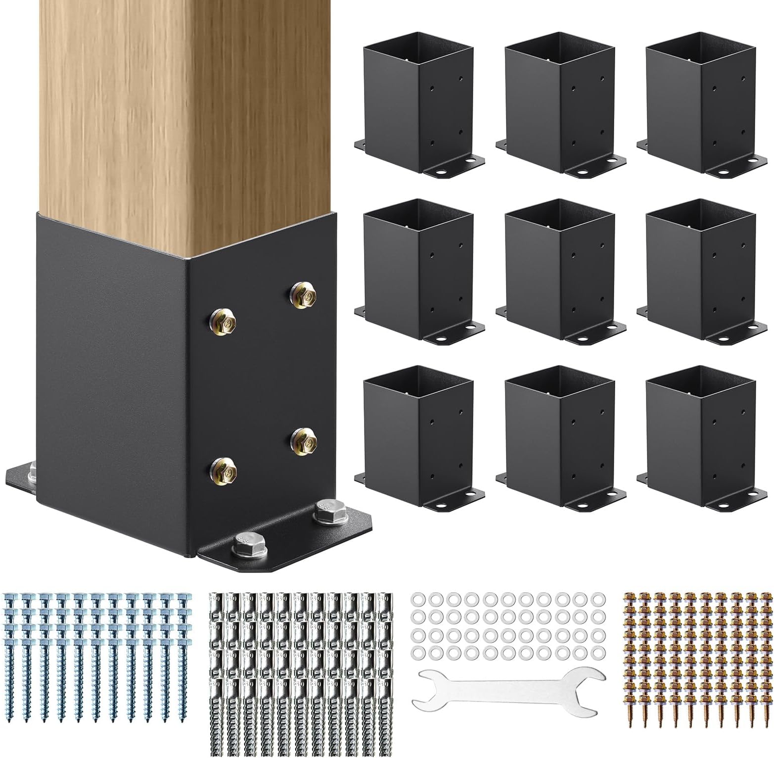 VEVOR 101.6x101.6mm Post Base 10 Pcs, Inner Size 91x91 Post Base Brackets, Heavy Duty Powder-Coated Post Anchor Matte Black Wood Post Brackets for Pavilion Deck Railing Support Deck Base Plate