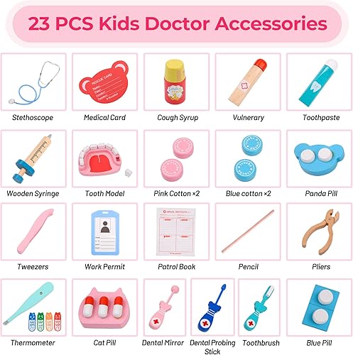Miniatura 3 de Wooden Doctor Kit for Kids, Pretend Play Dentist Medical Toys Set, Kit with Stethoscope, Doctor Set Toy for Toddler Boys Girls Ages 3+