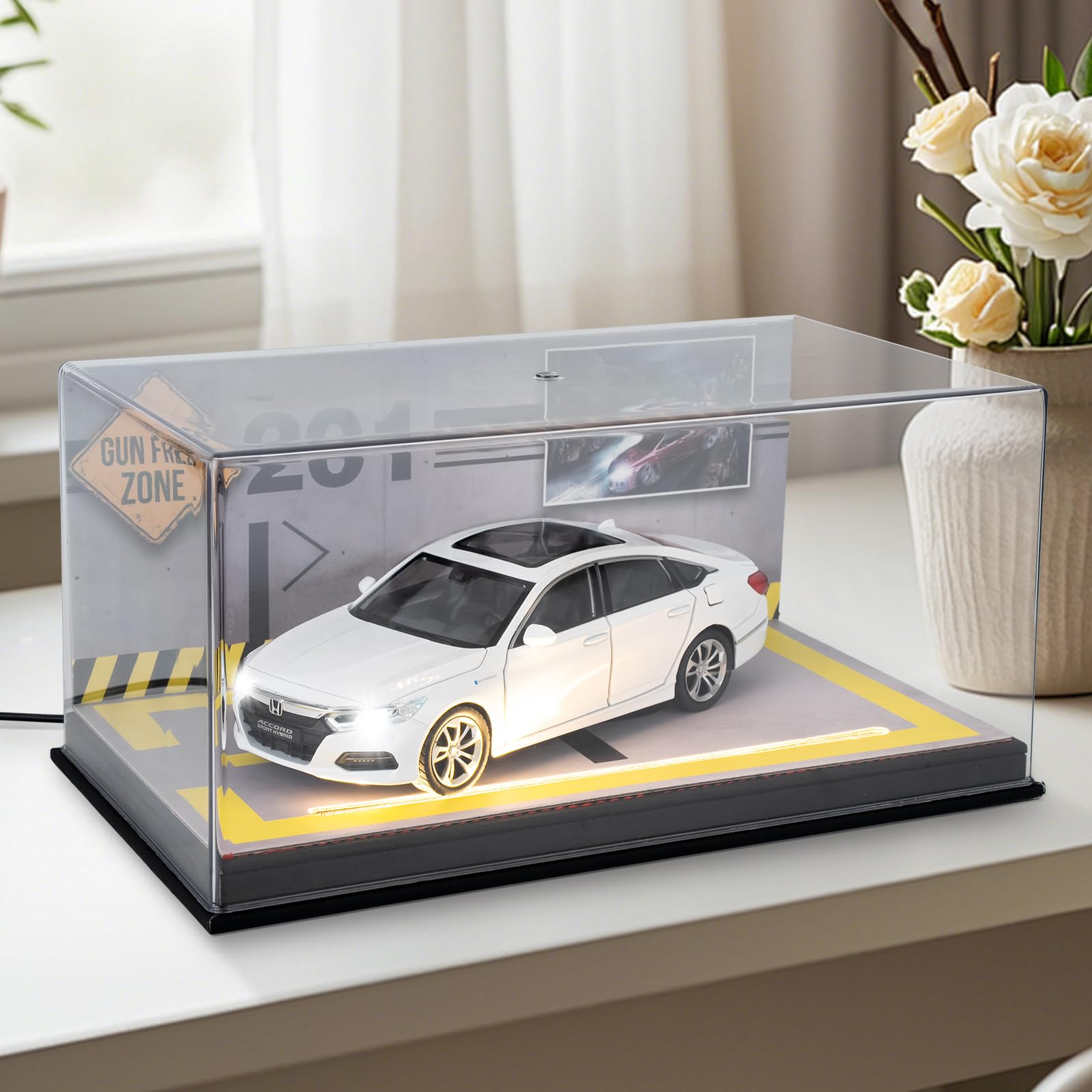 Transparent Acrylic Display Case with 1/24 Scale Accord Model, Leather Base Transparent Display Case with LED Display Strips and Car Park Scene Cardboard, Car Model with Dust Protection Cover