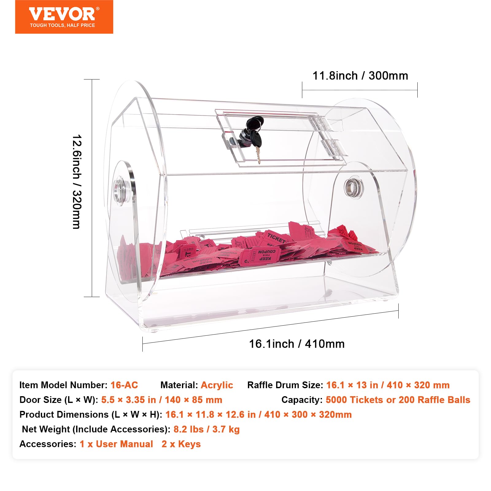 VEVOR Tamburo lotteria capienza 5000 biglietti 200 palline serbatoio girevole trasparente