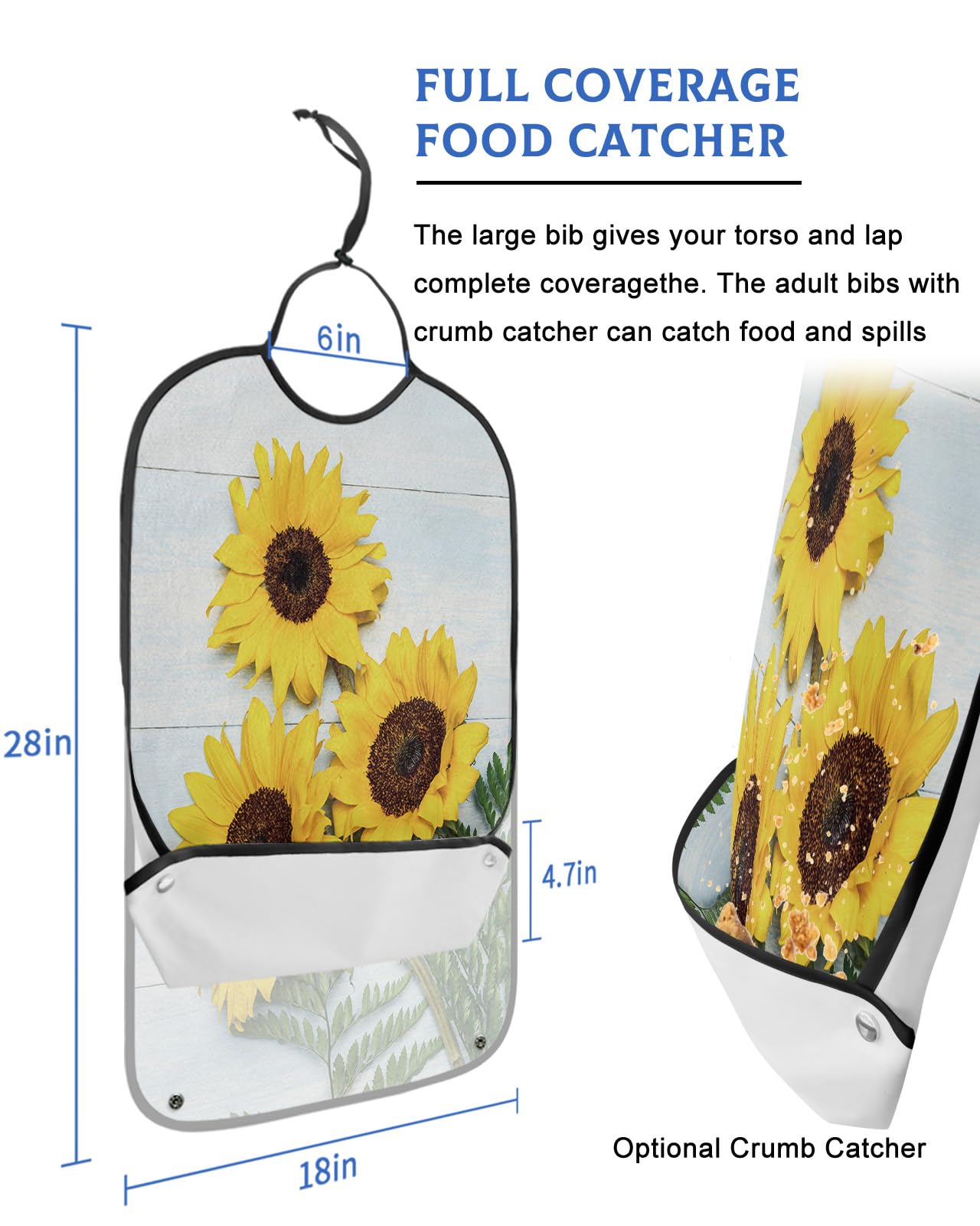 LEOKOTI Sunflower Adult Bibs for Eating, Waterproof Bibs with Food Catcher & Adjustable Snap Closure, Yellow Spring Floral Rustic Wooden Washable Clothing Protectors Adult Bibs for Elderly Women/Men