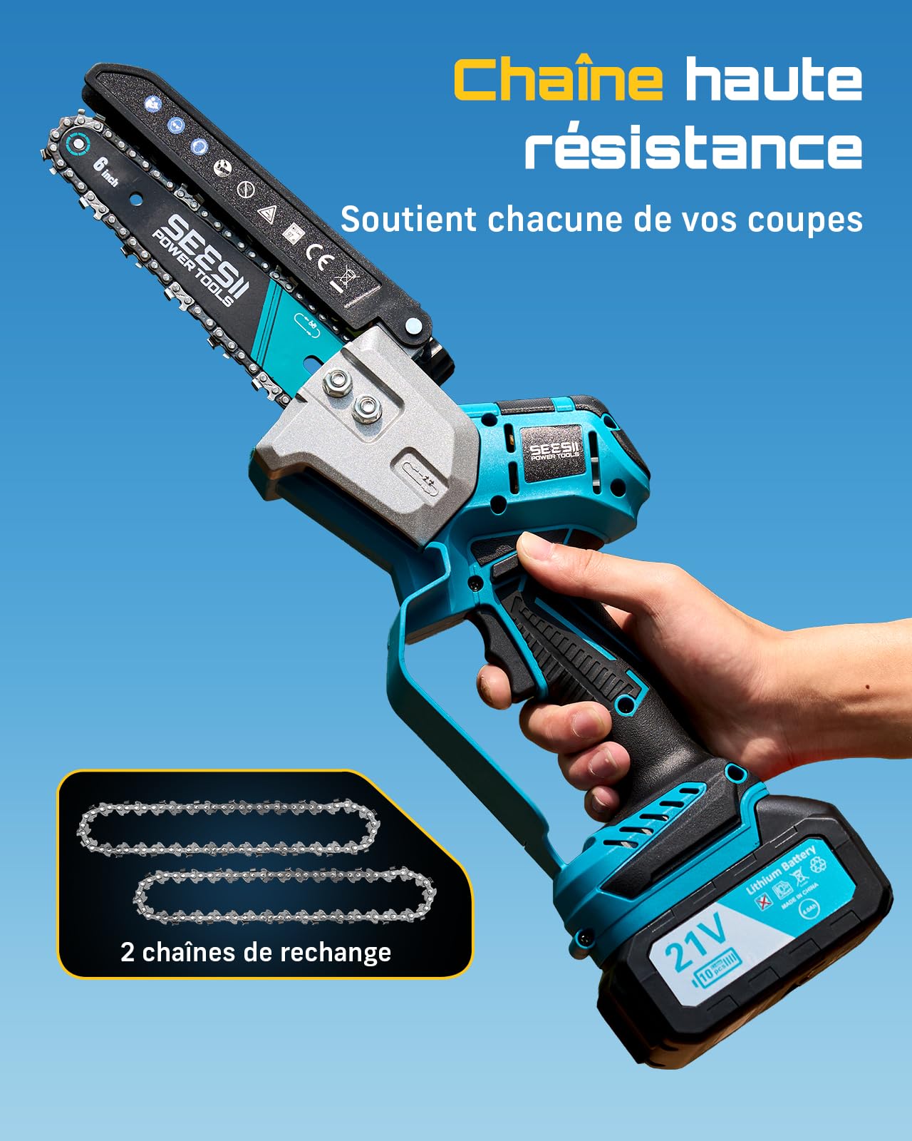 SEESII Mini Tronconneuse à Batterie 6 Pouces, Tronçonneuse Électrique Sans Balais, avec 2 * 4000 mAh Batterie, Lubrification Automatique, Compatible Makita 18V, Idéal Extérieur & Jardinage