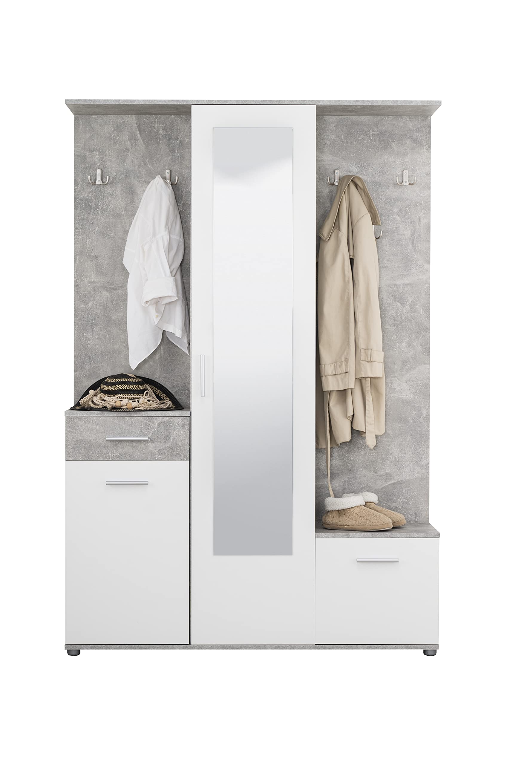 Arredo Stock Mobile da ingresso con armadio, portascarpe, specchio cassetto ed attaccapanni bianco con finiture effetto cemento, 133x197x33 cm