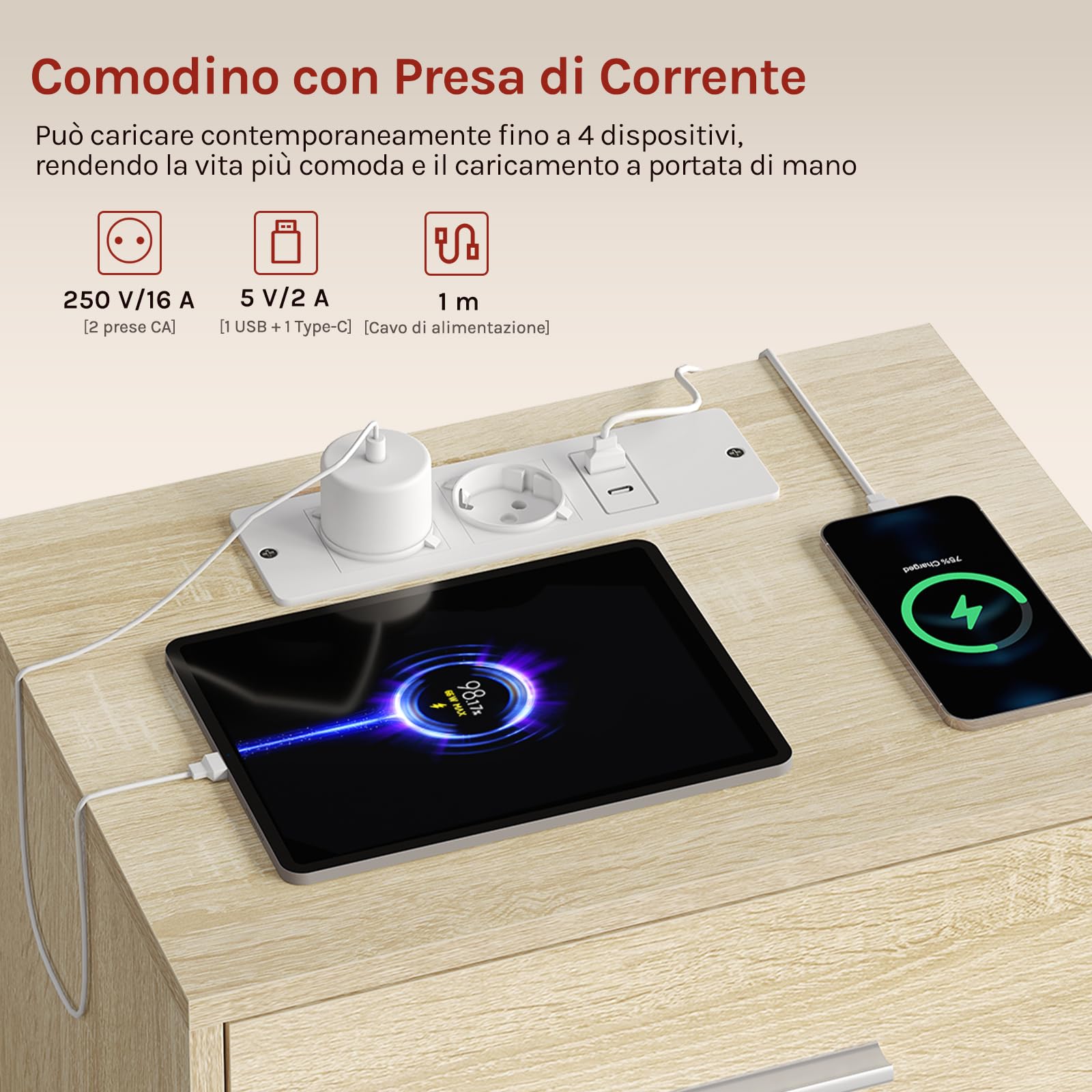 WOLTU Set di 2 Comodini, Comodini con Stazione di Ricarica, con 3 Cassetti, Rovere Chiaro, per Soggiorno Camera da Letto Studio, 39x28.5x54.5cm