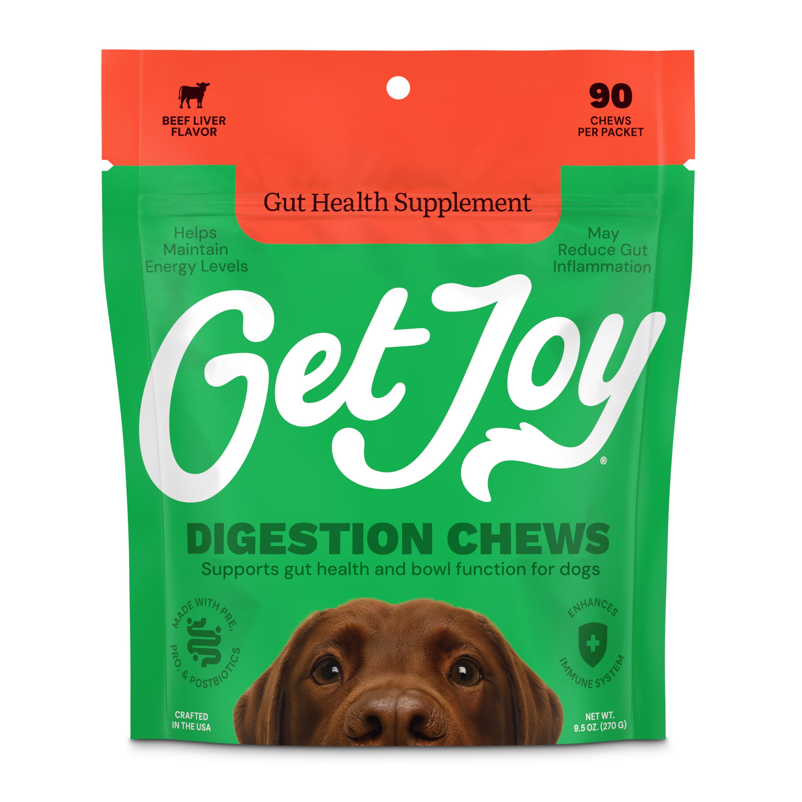 Get Joy Probiotics for Dogs Gut Health, Digestive Chews, Beef Liver, 90ct | Soft daily chew dogs take like a treat. Vet formulated, made in the USA, for adult and senior dogs of every size., Beef, Digestion