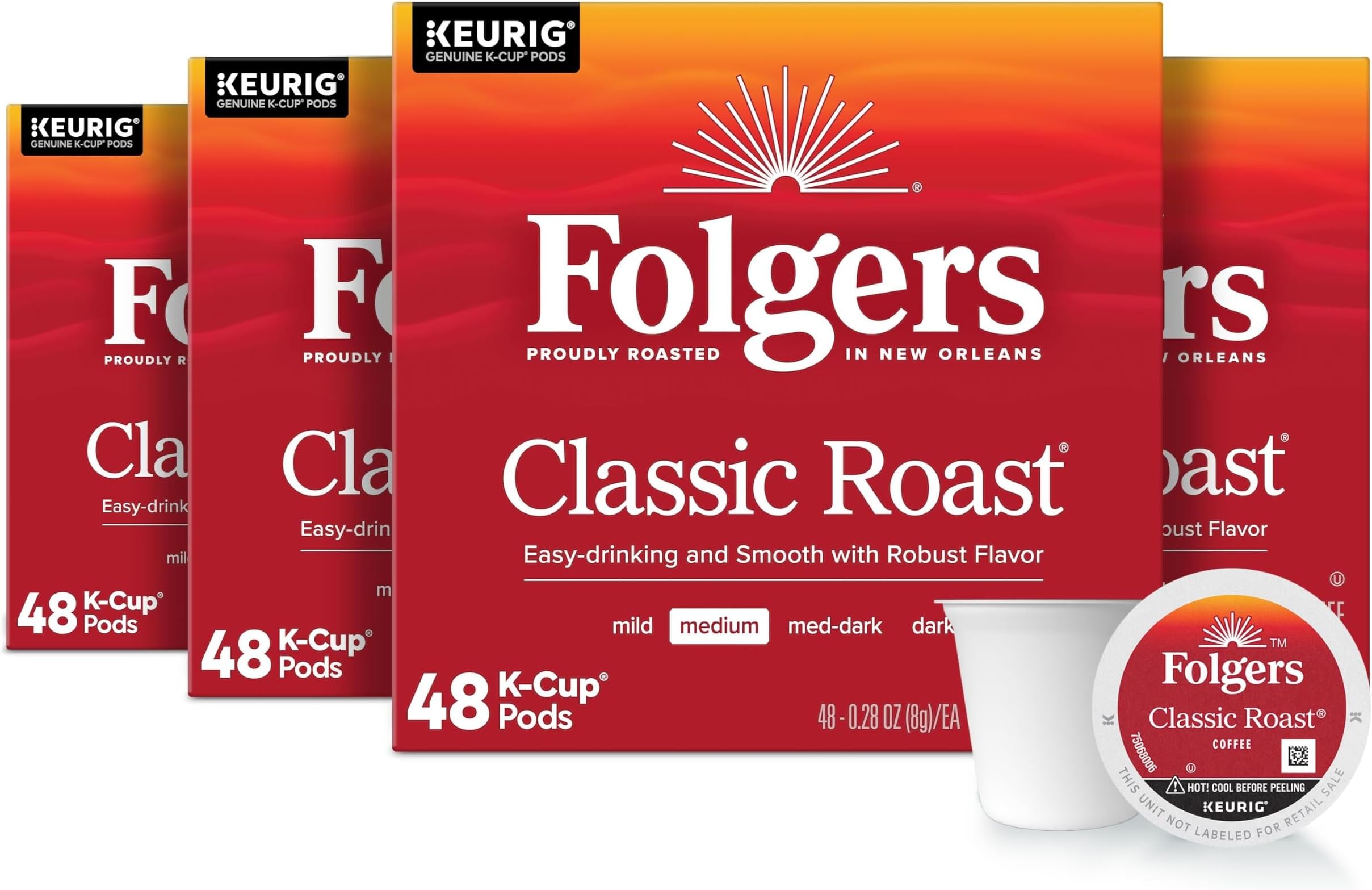 Folgers Classic Roast Medium Roast Coffee, 192 Keurig K-Cup Pods