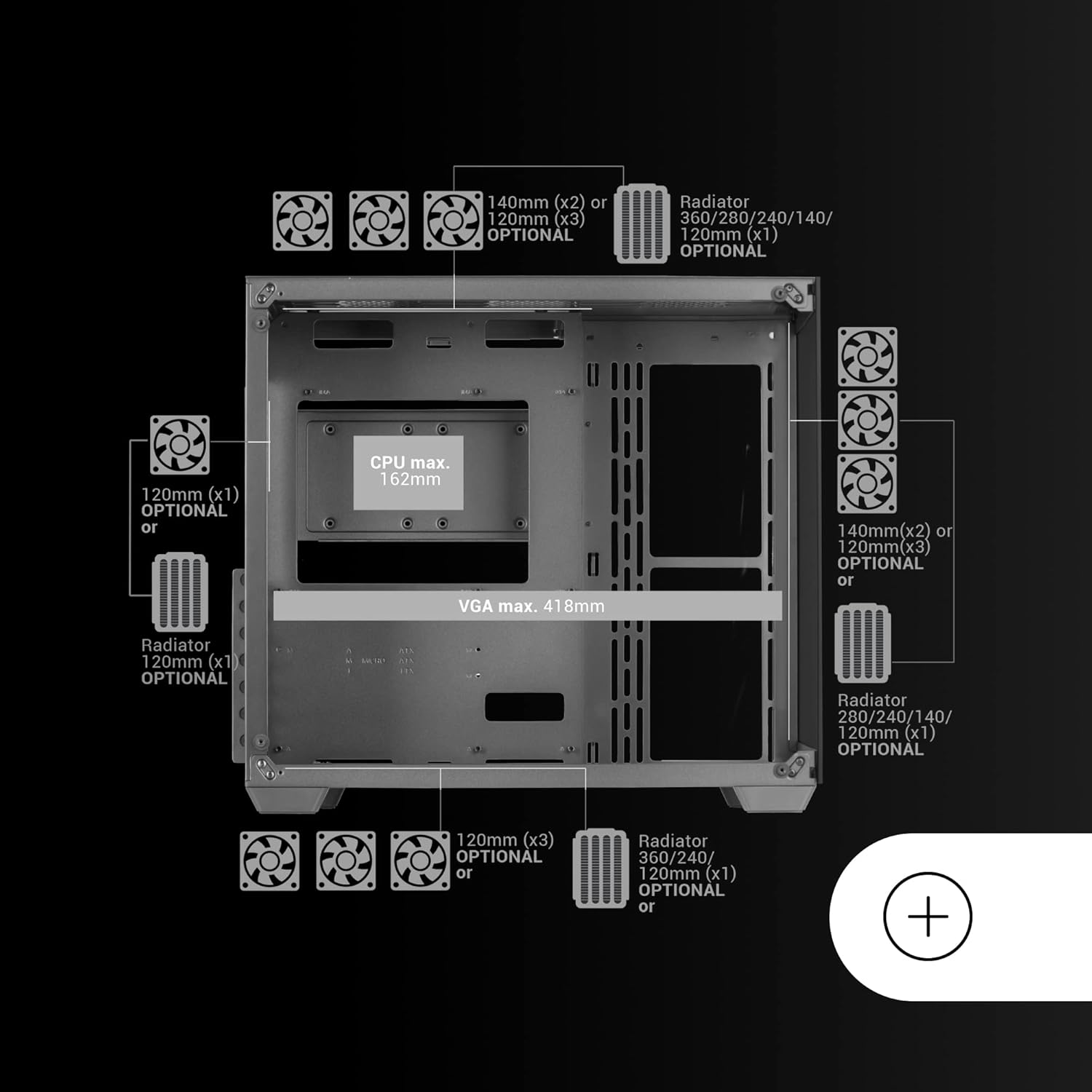 Diagram showing fan and radiator mounting options in Mars Gaming MCV4 case
