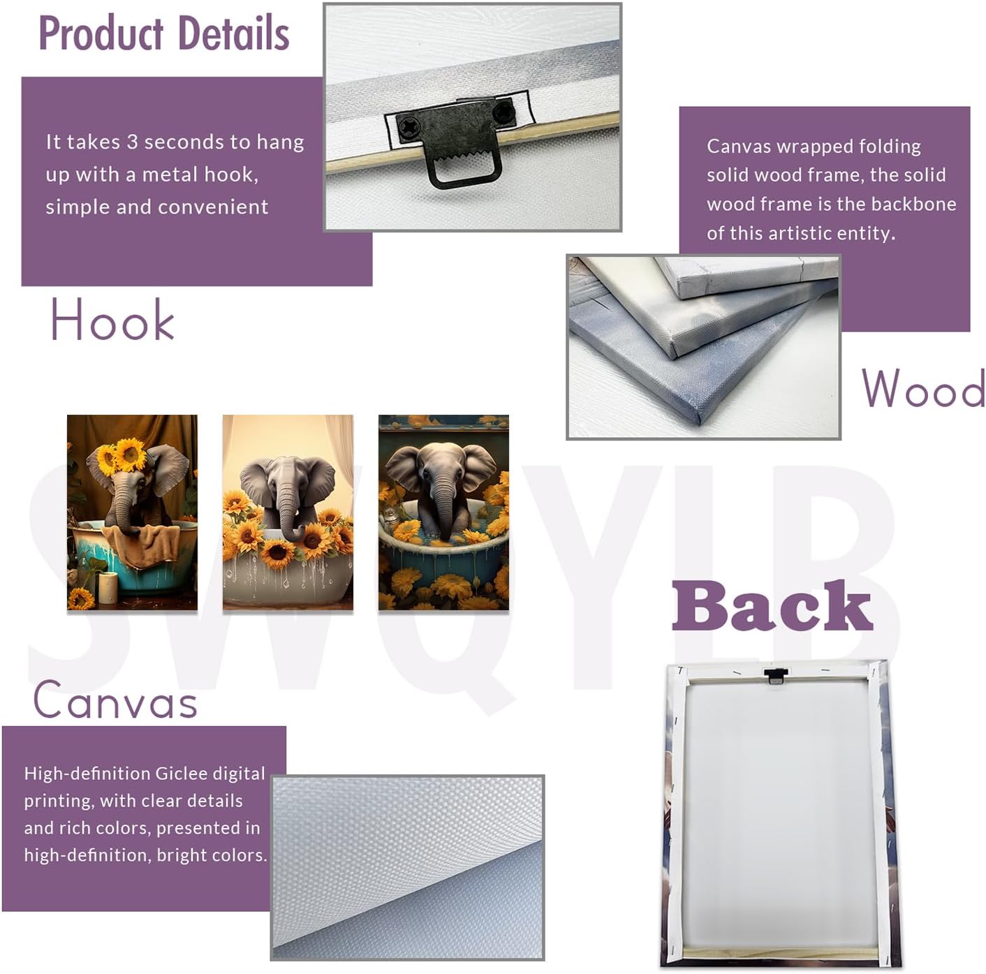 SWQYLB Funny Bathroom Elephant Wall Art Elephant In Bathtub Poster Prints Sunflower Animal Bucket Picture Canvas Sign for Bathroom Toilet Decor Framed (Yellow, (16"x24"x3 Pieces))