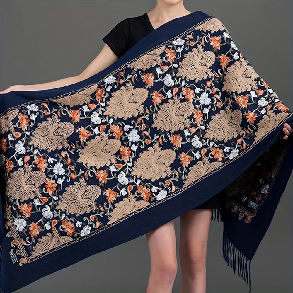 SYJYM Châle en Cachemire brodé à Fleurs de Style bohème Luxueux, fabriqué à la Main, Polyvalent, Grande écharpe, Bords à Pompons, Laine Ethnique Lierre
