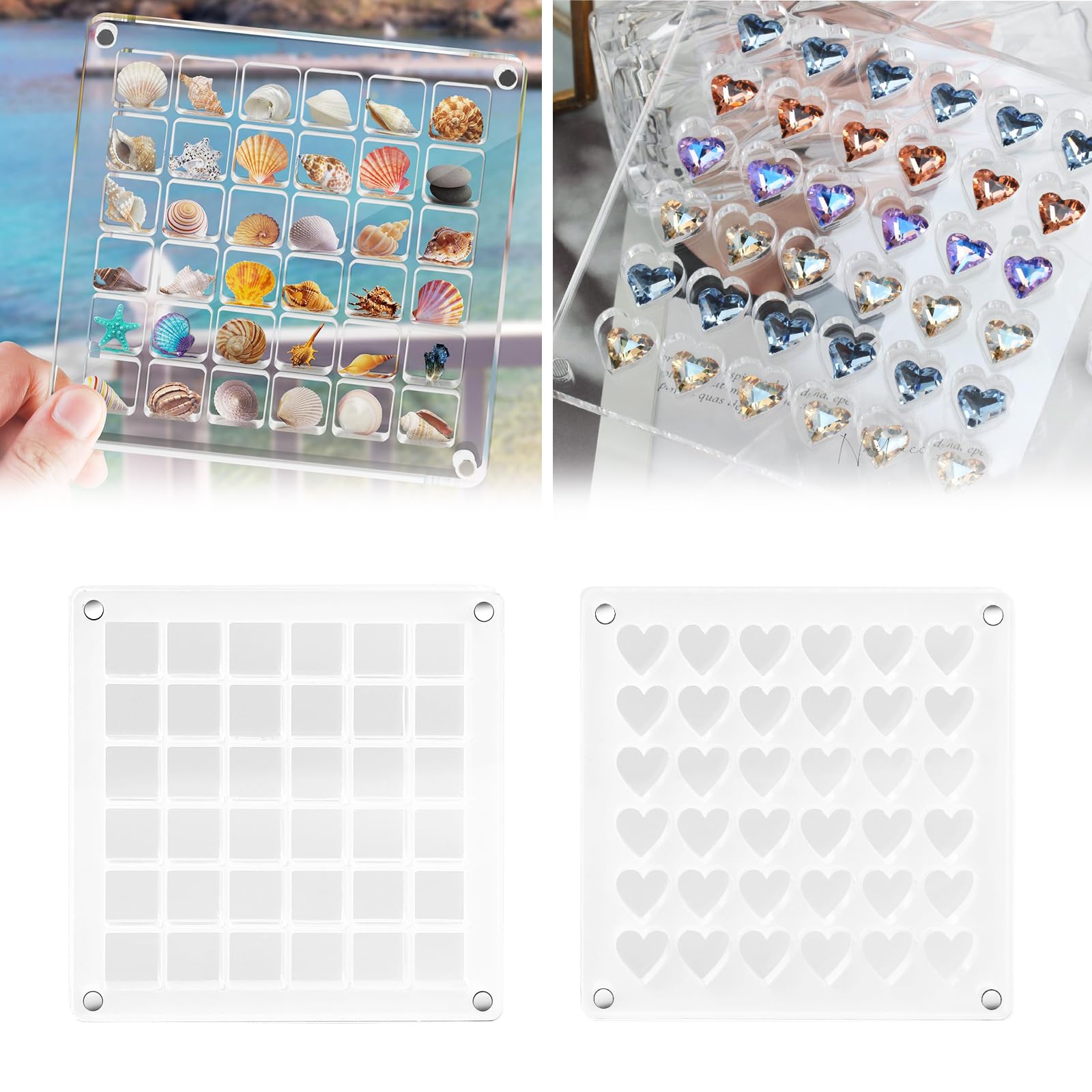 Cragmut 2Pcs Shell Display Case, Transparent Acrylic Shell Collection Box Magnetic Seashell Display Box Shell Collector for Shells Beads Gemstones Collectibles (36 Grids)