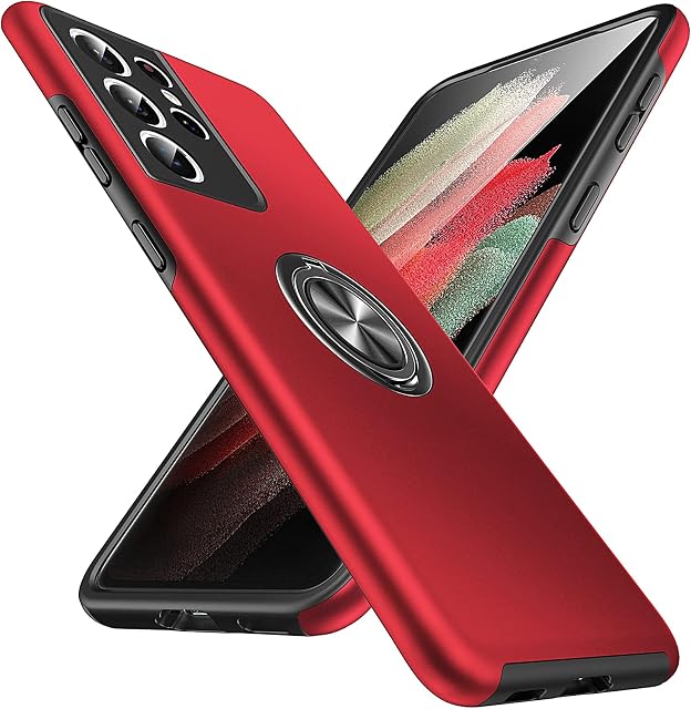 Anqrp Hidden Ring Serie Galaxy S21 Ultra 5G Case, [Embedded Kickstand][Military Shockproof] Rotate Magnetic Ring Stand Heavy Duty Multi-Layer Protective Cover for Samsung Galaxy S21 Ultra, Red