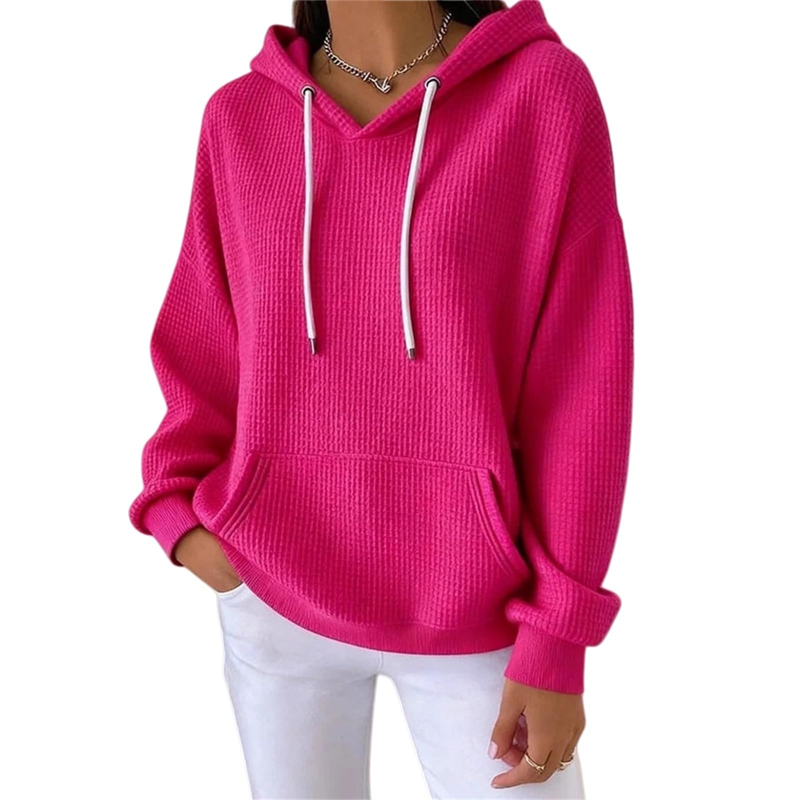 Damskie bluzy z kapturem na wiosnę jesień waflowe bluzy ze sznurkiem prążkowany sweter z dzianiny moda plus codzienne zimowe topy