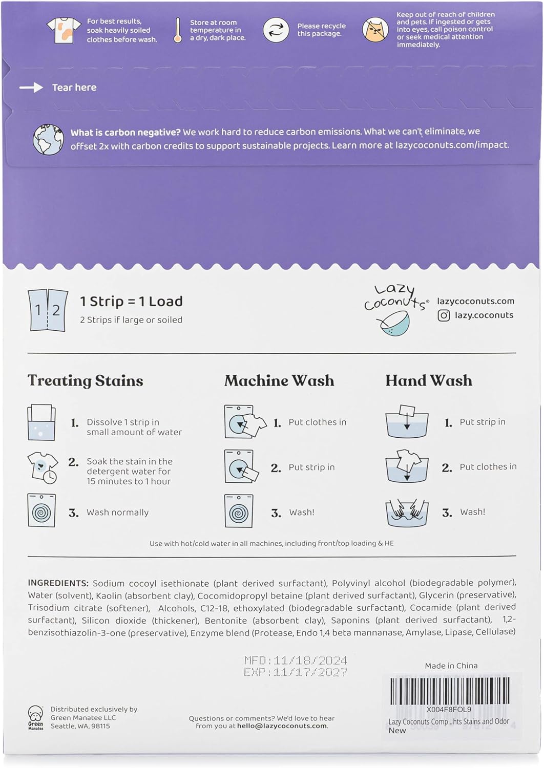Lazy Coconuts Complete 5 Enzyme Laundry Detergent Strips - Unscented, 48 Loads - Sulfate Free Laundry Detergent With Solid And Liquid Enzymes - Fights Natural Stains and Odor - Image 2