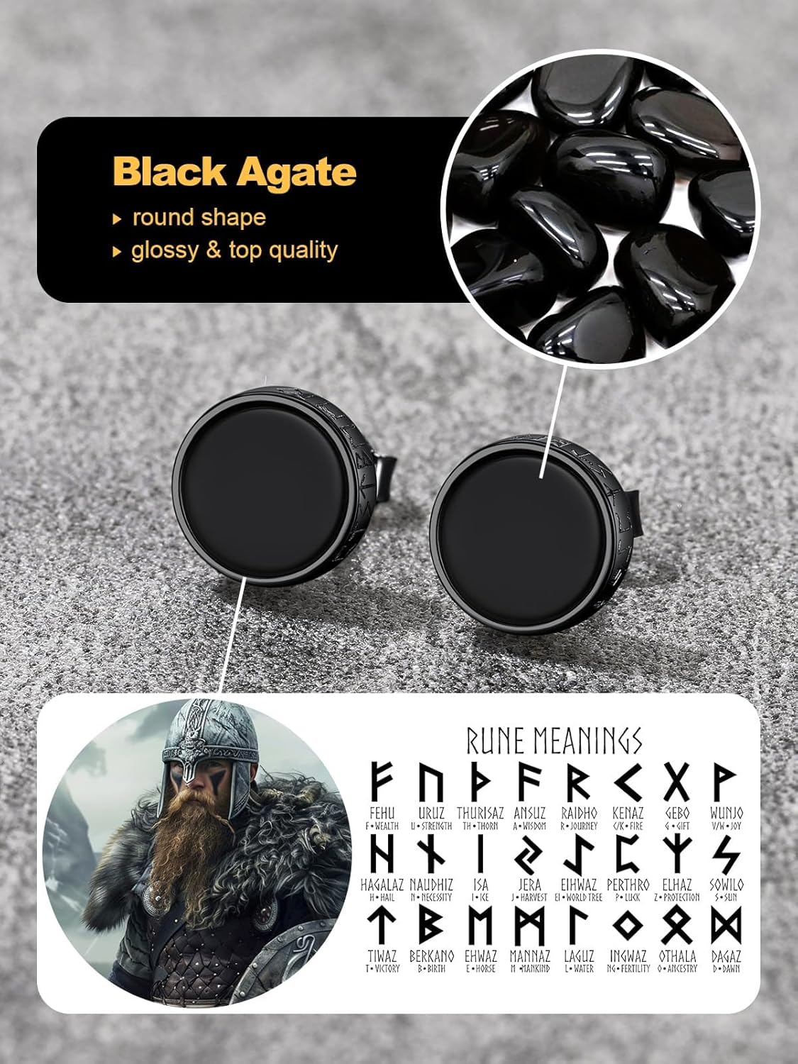U7 925 Sterling Silver Black Onyx Stud Earrings with Viking Rune Cubic Zirconia Earrings for Men Women