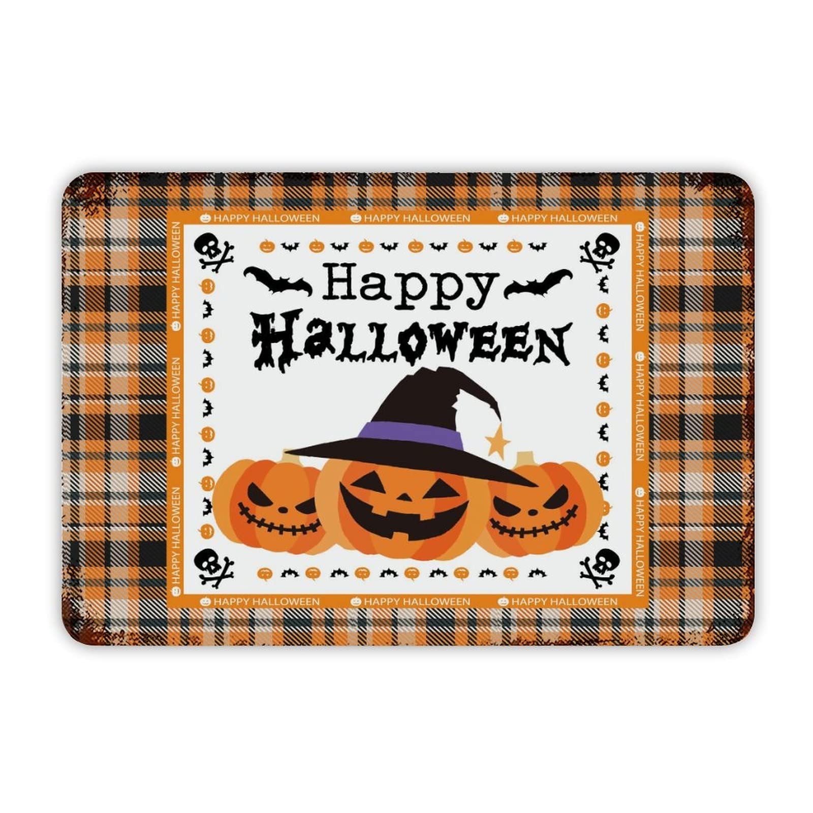 ENEDNATE Farmhouse Man Cave Metal Sign Buffalo Plaid Happy Halloween Pumpkin Bats Spiders Ghost Moon Retro Aluminum Tin Metal Signs for Indoor Outdoor Yard Kitchen Living Room Door Home Décor 8x12