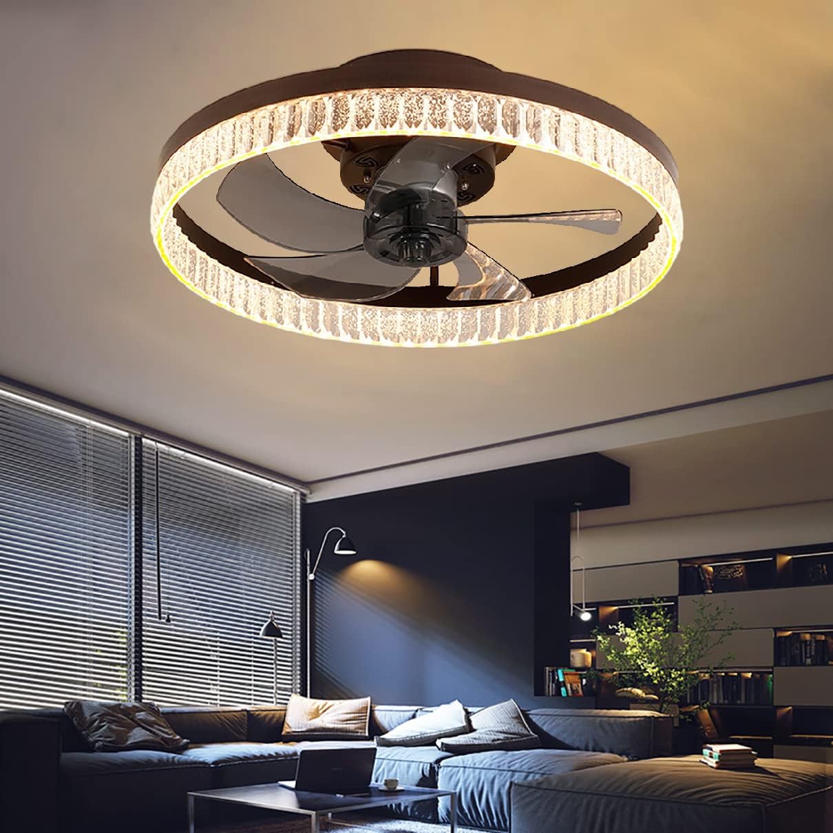 YUEGOO Ceiling Fans with Lamps,Ceiling Fan with Light Reversible Quiet Bedroom Led Dimmable 6 Speeds Round Fan Ceiling Light with Remote Control 50Cm Living Room/Brown