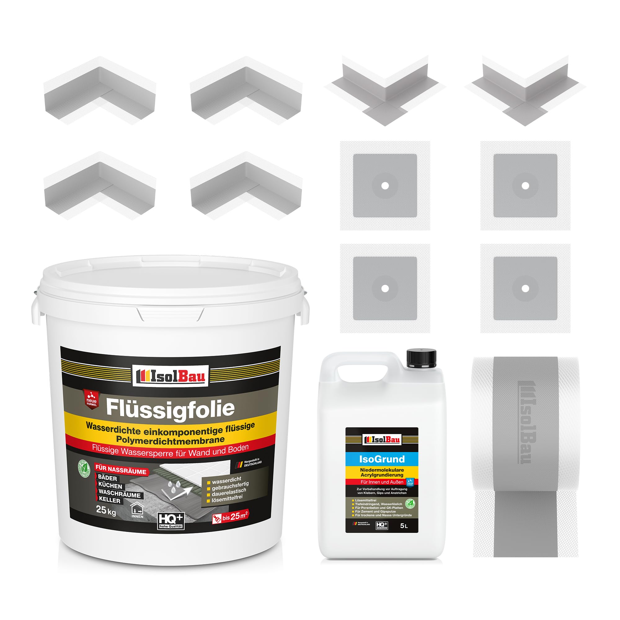 Isolbau Dicht-Set - Inkl. 1x Flüssigfolie (25 kg), 1x Grundierlösung (5 L), 1x Dichtband (25 m), 4x Innenecken, 2x Außenecken & 4x Manschetten