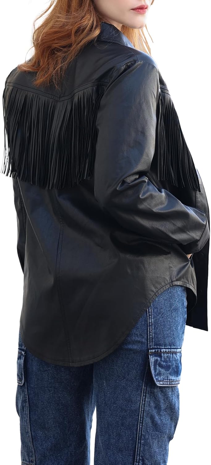 YEXPINE Women's Western Fringe Jackets Long Sleeve Button Down Faux Leather Shirt Tops With Pockets