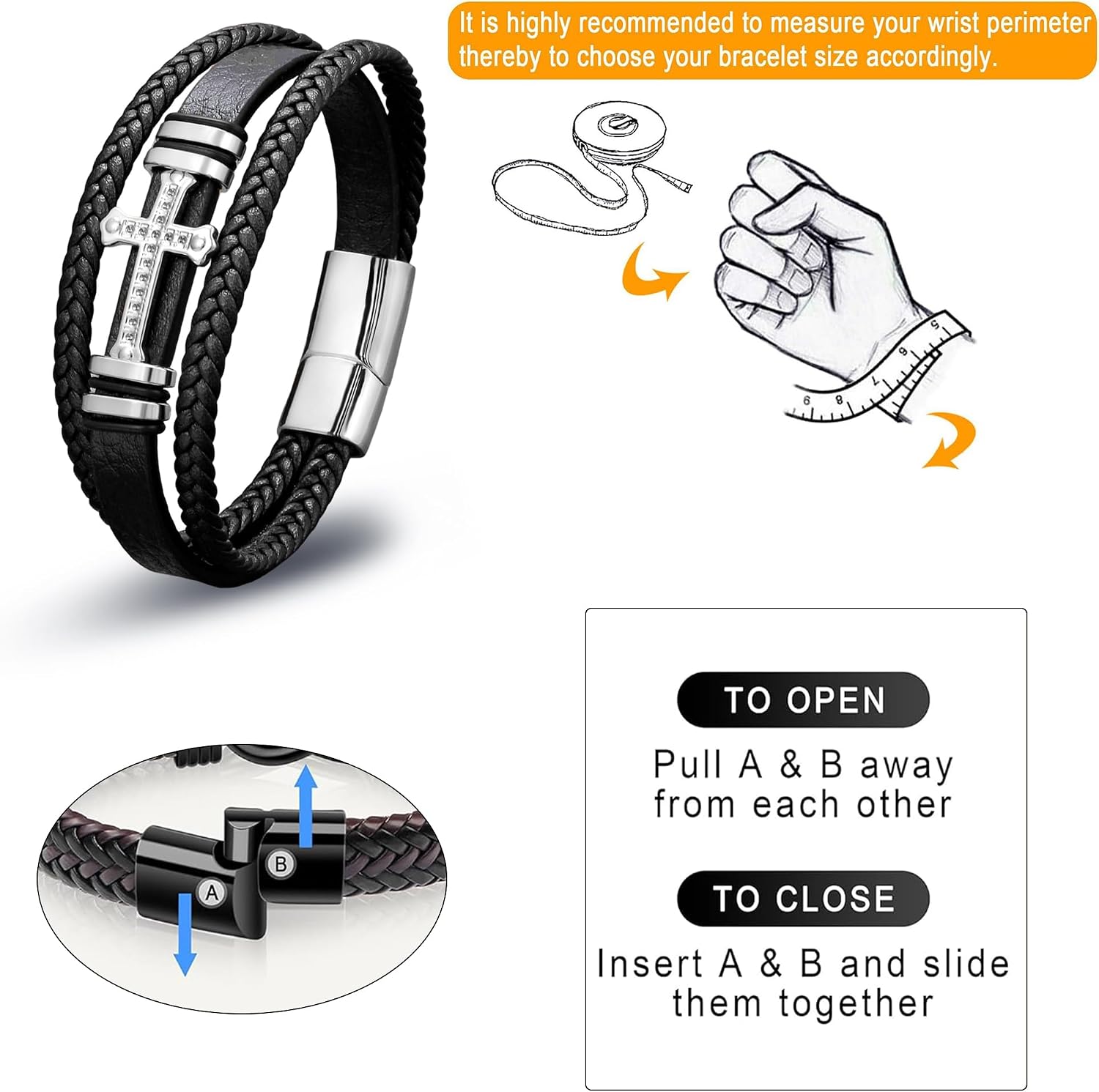 Leather Cross Bracelet for Men Religious Christian Cuff Bracelets for Confirmation Baptism Christmas, Style 03-Silver