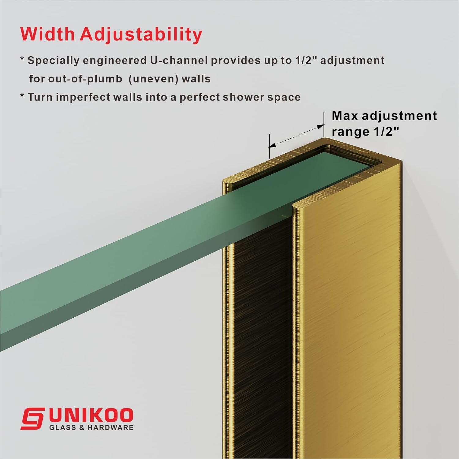 37-1/8 to 38 in W x 80 in H Frameless Swing Shower Door in Satin Brass in with Double 3/8" (10mm) Certified Tempered Clear Glass UKH07-38x80-SB-A
