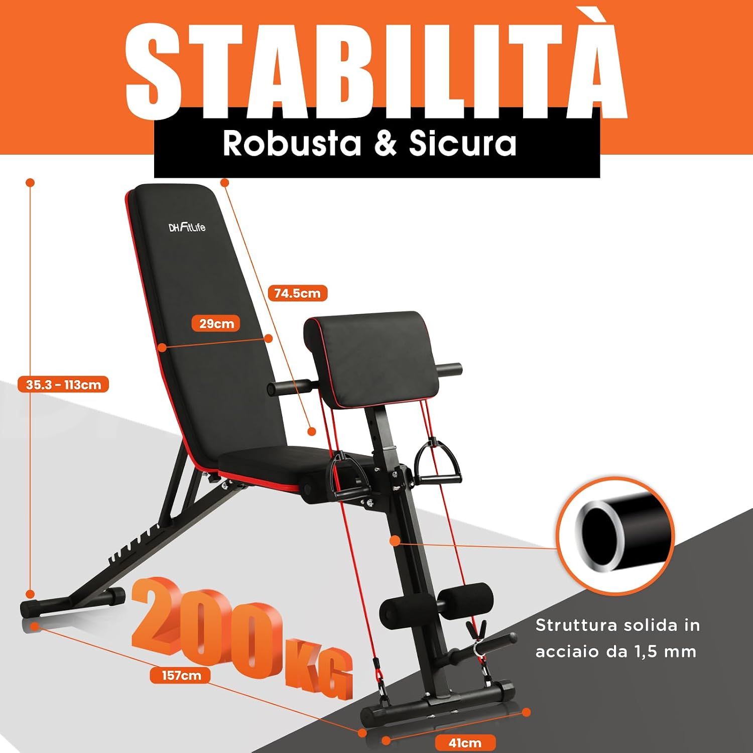 Diagram showing dimensions and weight capacity of the DH FitLife weight bench