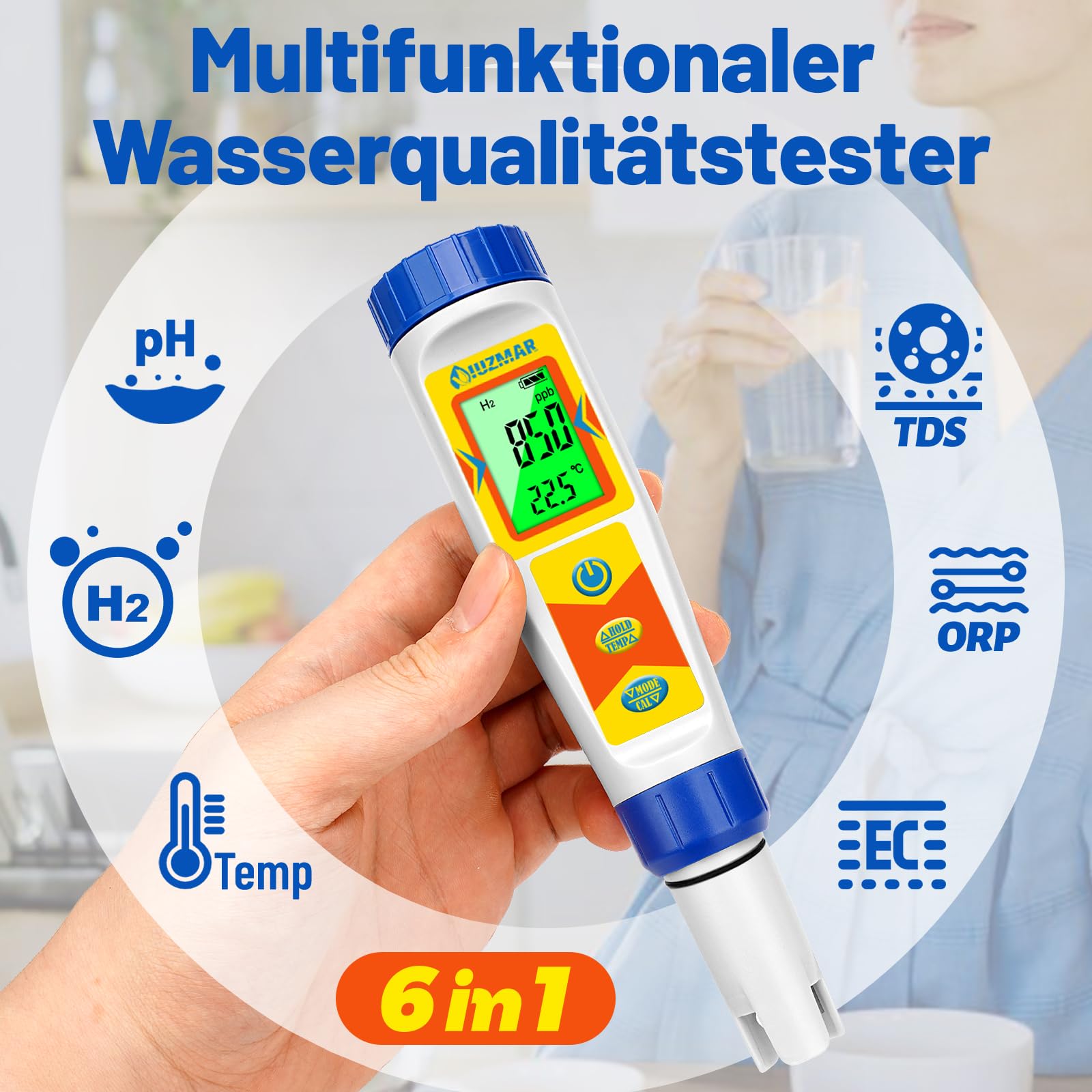 UIUZMAR Wasserstoff Messgerät und pH Messgerät Wasser, Wasserstoff Wasserflaschentester für Trinkwasser, 6 in 1 Wasserqualitätstester Mit pH H2 ORP TDS EC TEMP Funktion für Pool, Whirlpool, Hydroponik