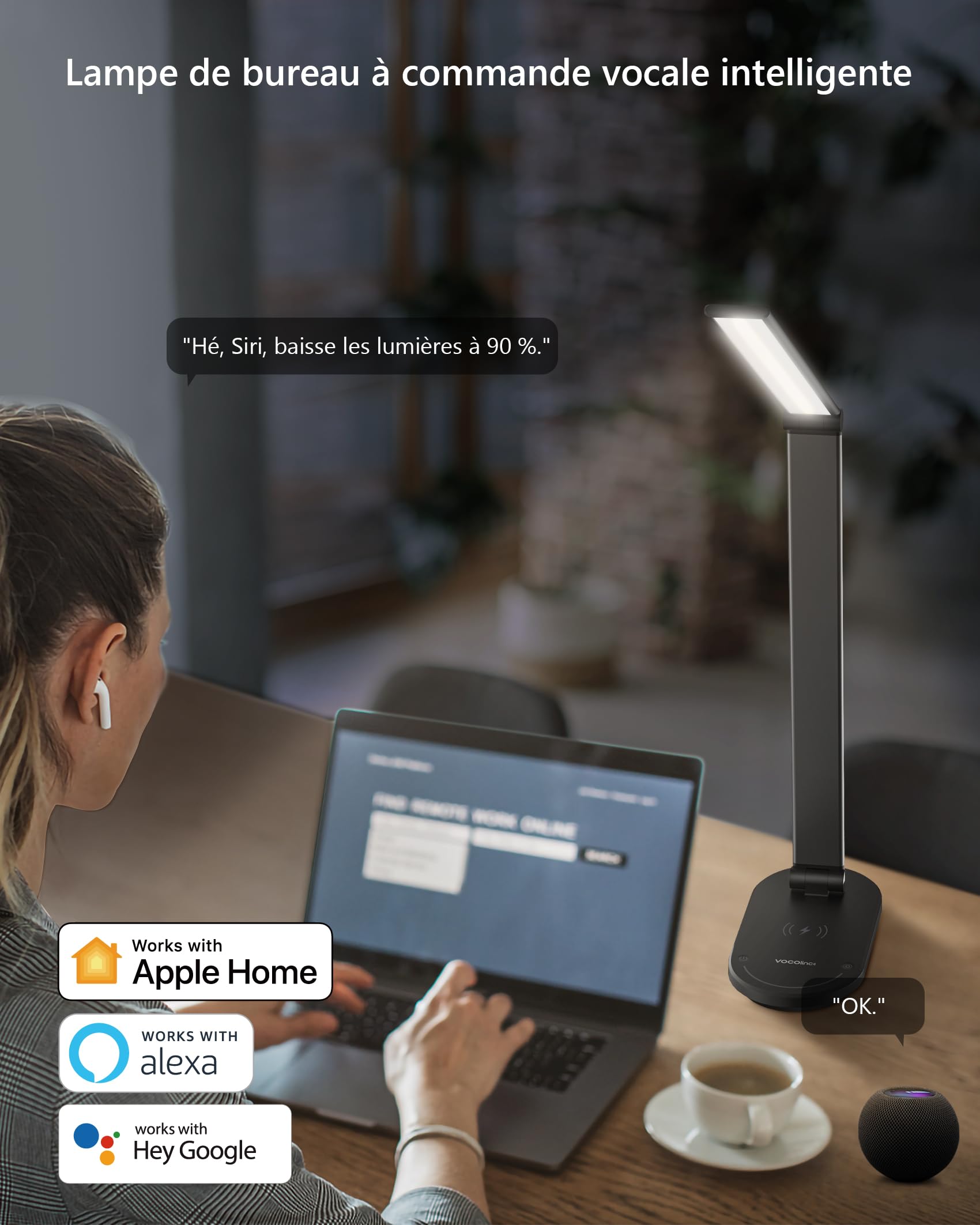 VOCOlinc Lampada da scrivania intelligente LED con ricarica wireless da 10 W, compatibile con HomeKit/Alexa/Google Home, attenuazione continua, controllo vocale/APP/touch, con timer