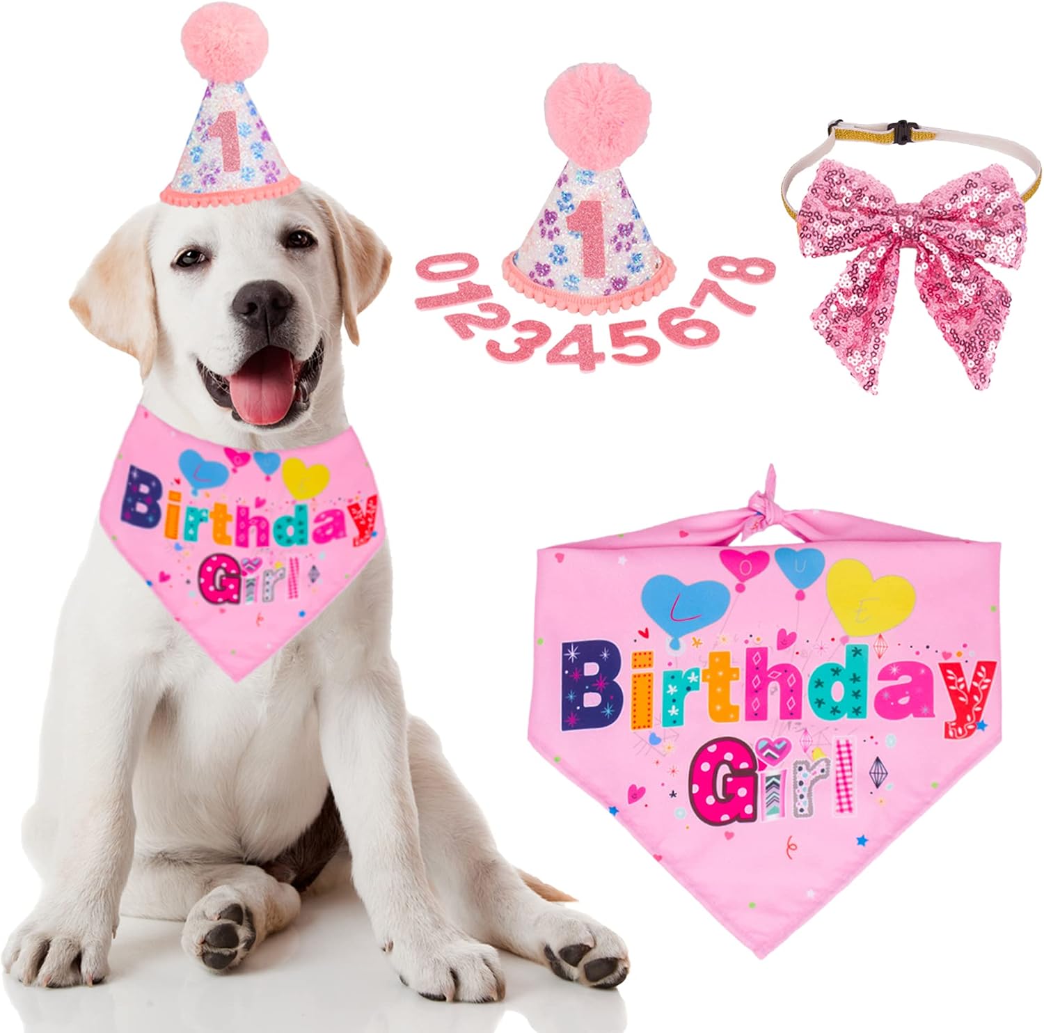 ADOGGYGO Dog Birthday Party Supplies, Boy Girl Dog Birthday Hat with Numbers Dog Puppy Birthday Bandana Hat Bow Set (Large, Pink)