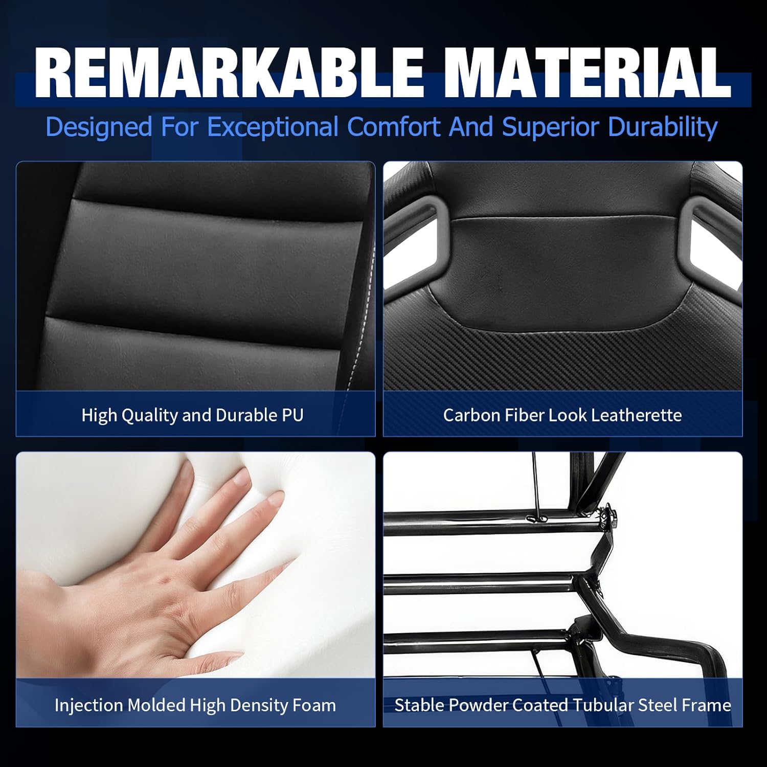 FREEMOTOR802 Racing Seats with Dual Lock Sliders, Universal For Most Cars Vehicles First Row, 1 Pair Reclinable Sport Bucket Seats, PU Carbon Fiber Look Leatherette, Black White Slots