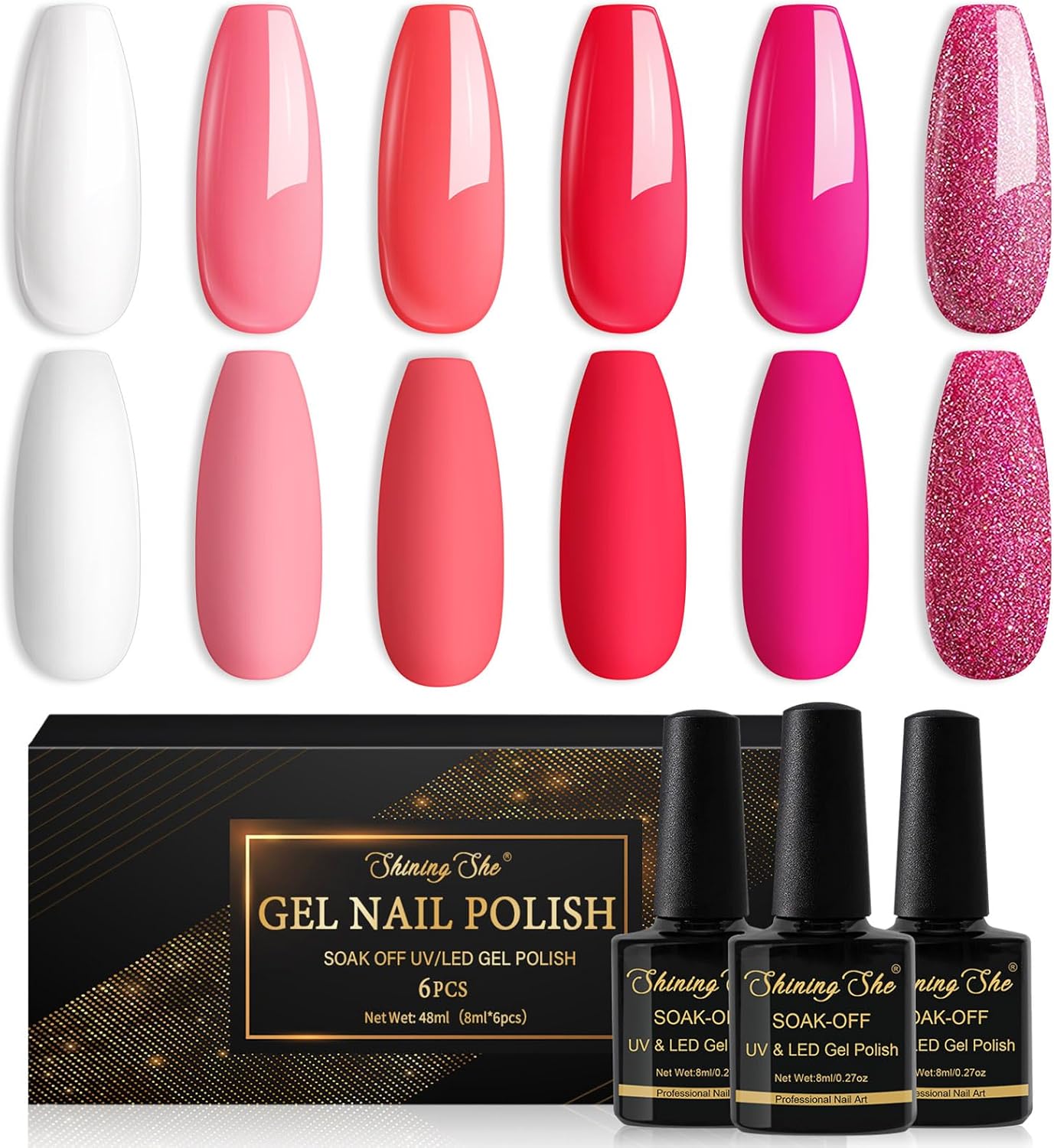 Roze Gel Nail Polish,6 Farben Glitter Roze Melk Wit Perzik Zomer Gel Nagellack Soak-Off UV Nagellack Set voor Beginners DIY Nail Art at Home, 8ml