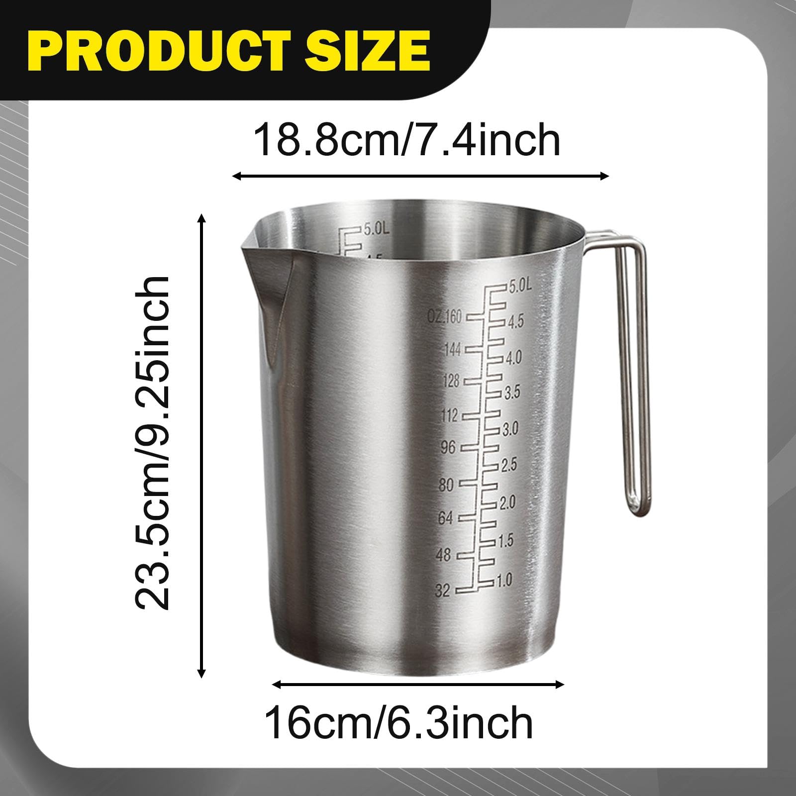 Generic Vaso Medidor con Graduaciones Internas Y Externas, Acero Inoxidable, Mango, Boquilla para Verter, Utensilio de Cocina Adecuado para, 5l, Individual
