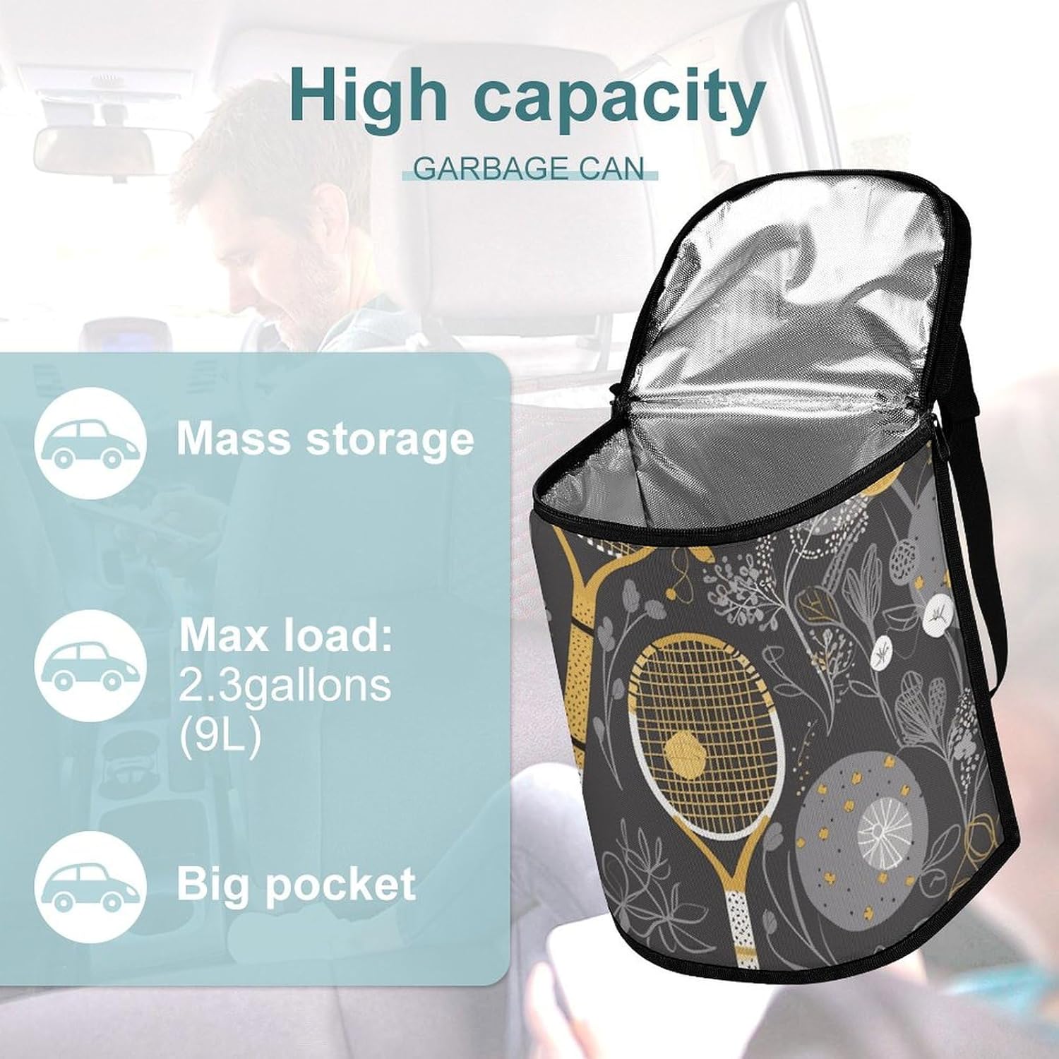 Hanging Car Trash Bag Racquets and Tennis Balls Printed Car Garbage Storage Bag Leakproof Car Trash Can Portable Garbage Storage Bags