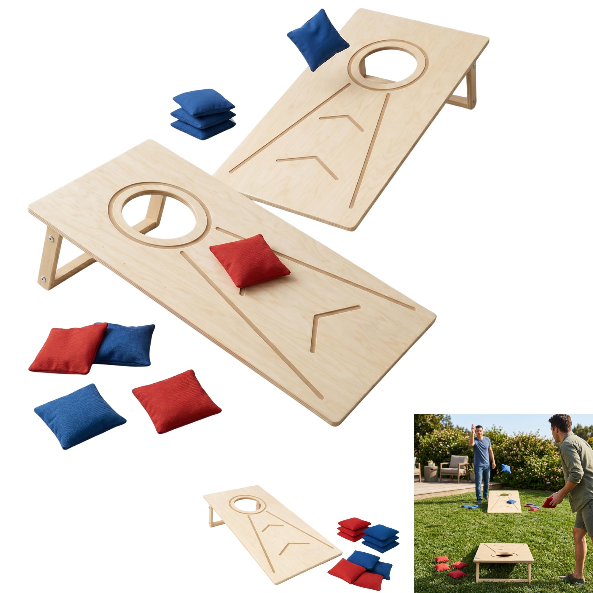 Cornhole Wurfset für Outdoor & Indoor – Bean Bag Toss Set mit 1 Holzbrett und 10 Wurfsäckchen, kompakte Wurfplatte 70 x 35 cm für Garten, Strand, Park und Freizeit