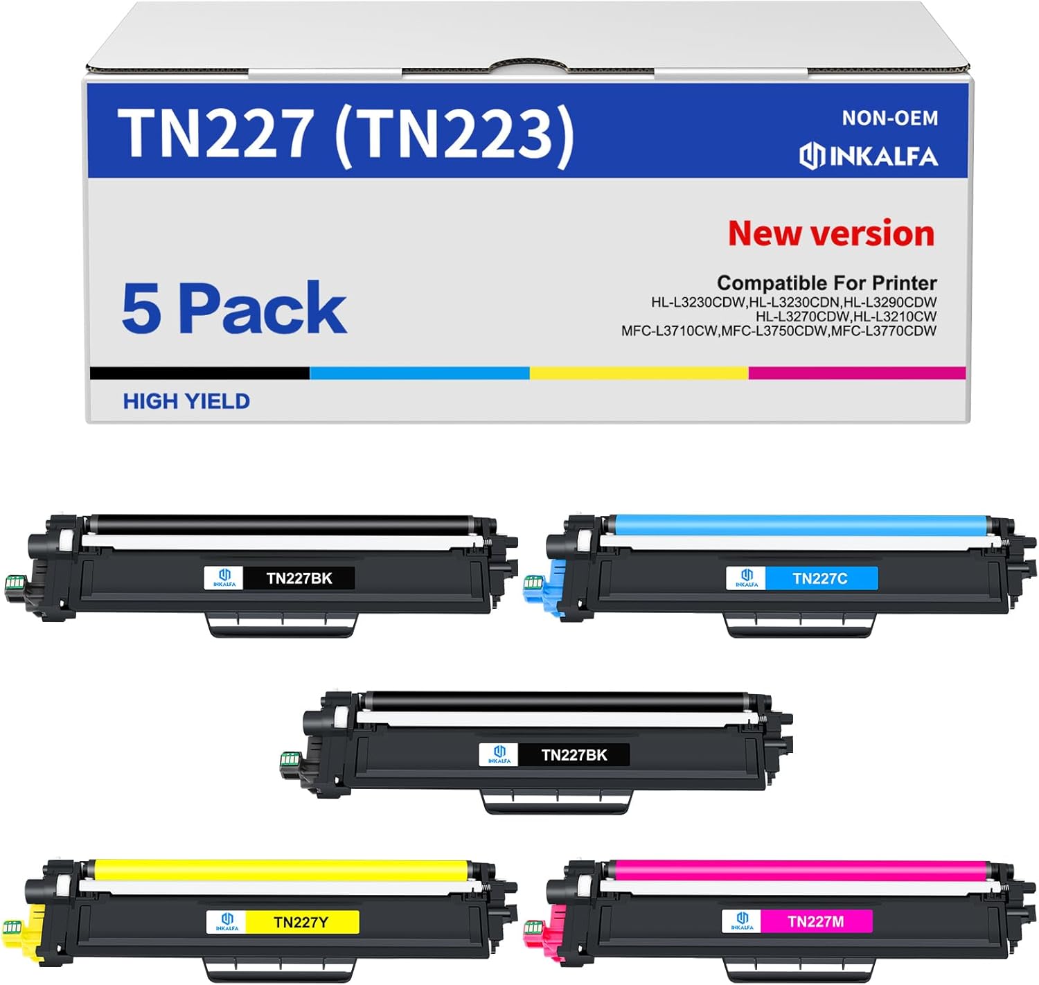 TN227 TN-227BK/C/M/Y High Yield Toner Cartridge: Compatible for Brother TN227 TN-223BK/C/M/Y TN223 TN227BK/C/M/Y HL-L3270CDW MFC-L3770CDW HL-L3290CDW HL-L3210CW MFC-L3750CDW HL-L3210CW Printer 5 Pack