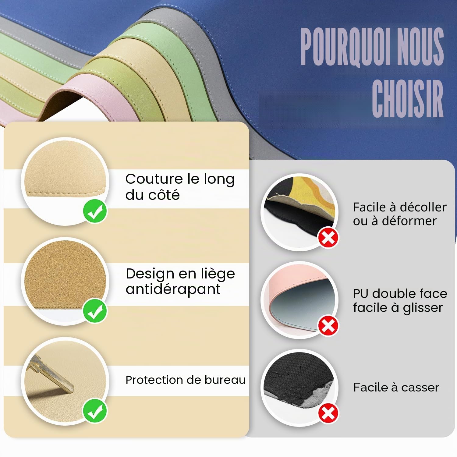 Tapis de Bureau Antidérapant en Liège Naturel et Cuir, Tapis de Souris Large Portable Facile à Nettoyer, Abricot 60x34CM