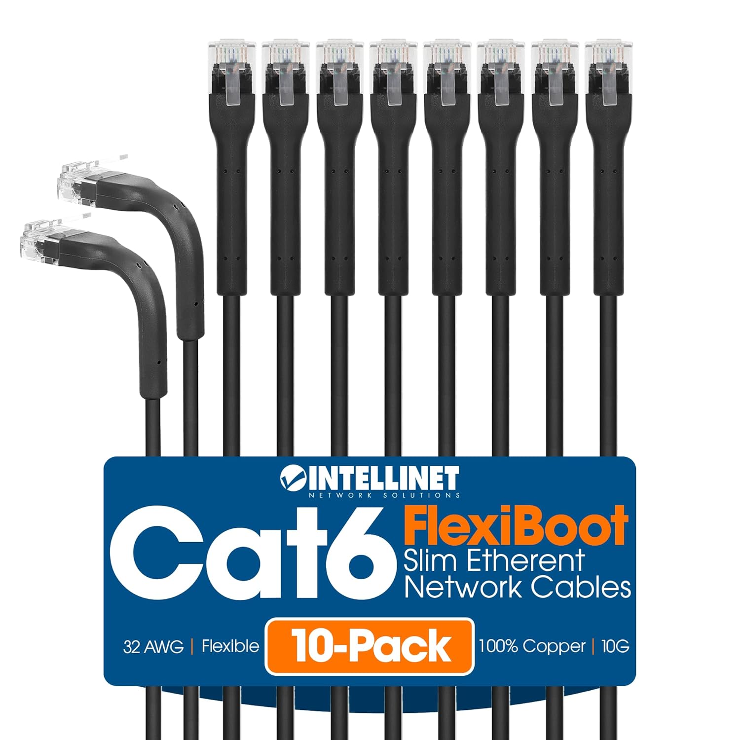 Intellinet FlexiBoot Slim Cat6 Ethernet Network Patch Cable – 10-Pack - 10Gbps & 250MHz, Flexible Bendable Boot, 32AWG Pure Bare Copper Wire, Gold-Plated Contacts - 14ft, Black