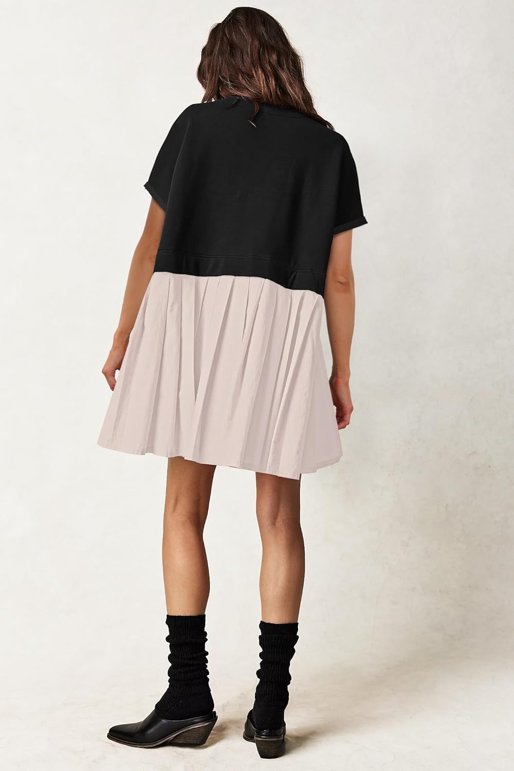 SAUKOLE Womens Summer Crew Neck Short Sleeve Dress Patchwork Pleated A Line Beach Boho Mini Dress - Image 6