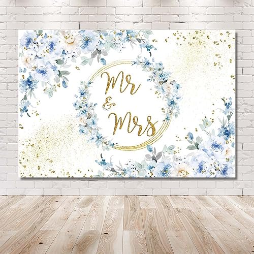 Miniatura 6 de MEHOFOND Telón de fondo floral azul de 7 x 5 pies para decoración de fiesta de compromiso para parejas, bodas, puntos dorados con purpurina, fondo