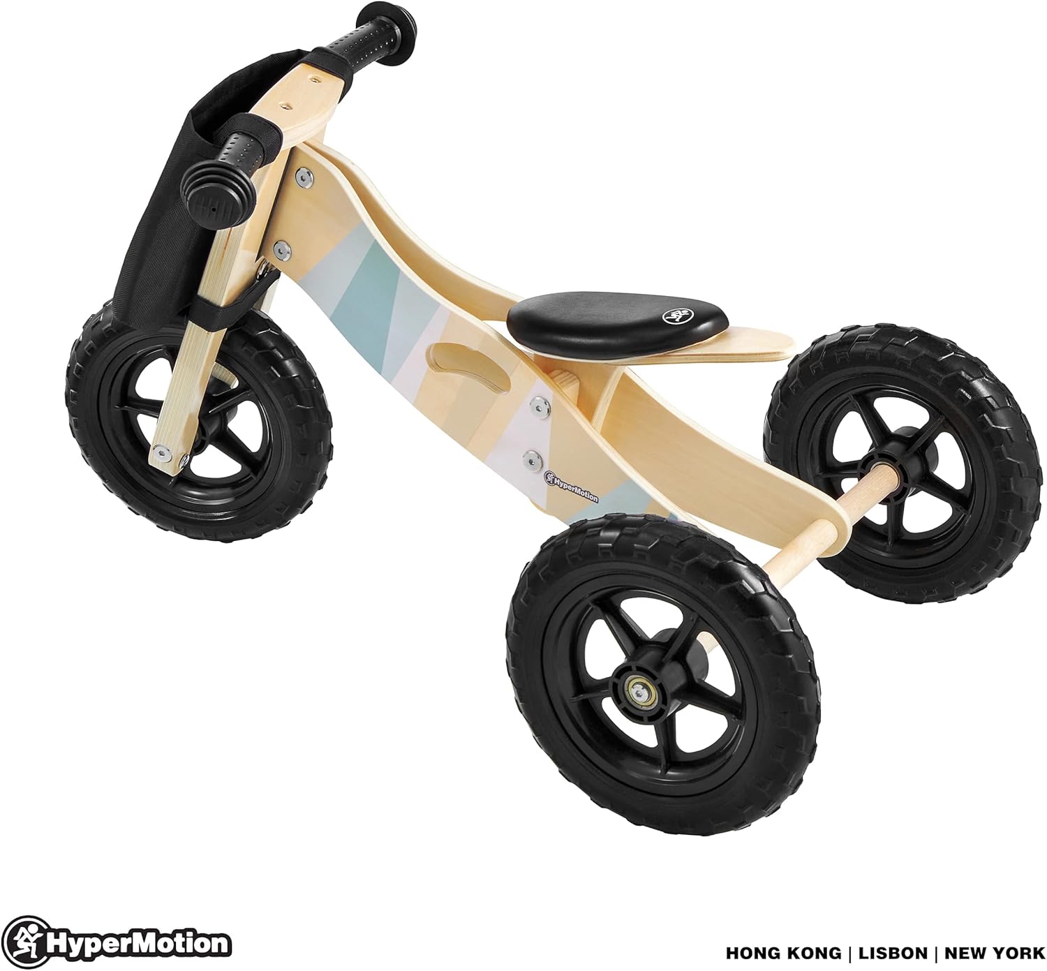 HyperMotion Mini Children's Wooden Balance Bike in tricycle mode, side view