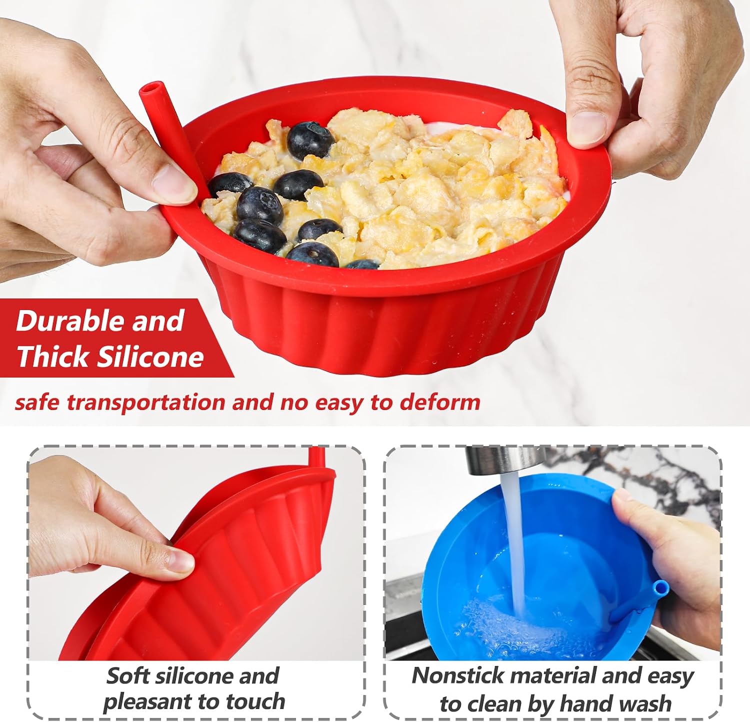 KOLUTI Silicone Cereal Bowls with Straws Set of 2, 20oz Breakfast Milk and Snack Serving Container, BPA Free Microwave Dishwasher Safe Reusable Salad Meal Bowl