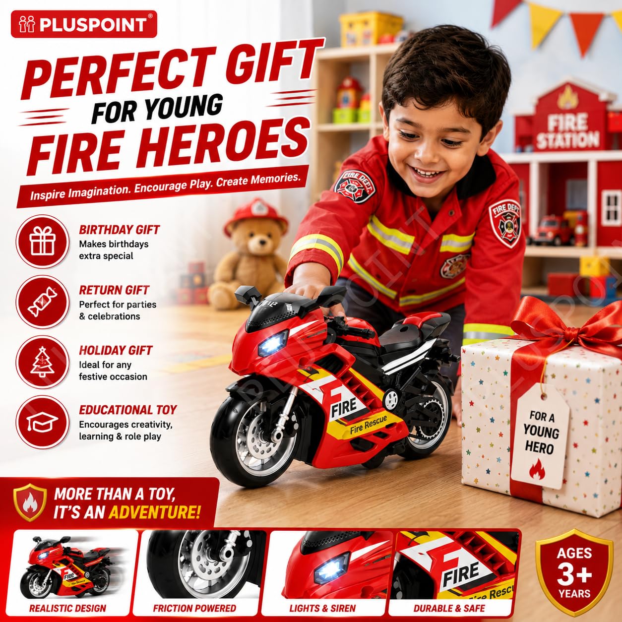 PLUSPOINT Fire Rescue Motorcycle Toy | Friction Powered Fire Bike with Lights, Music & Inertial Push and Go Action | Emergency Rescue Vehicle Toy for Kids Boys & Girls Age 3+ 1