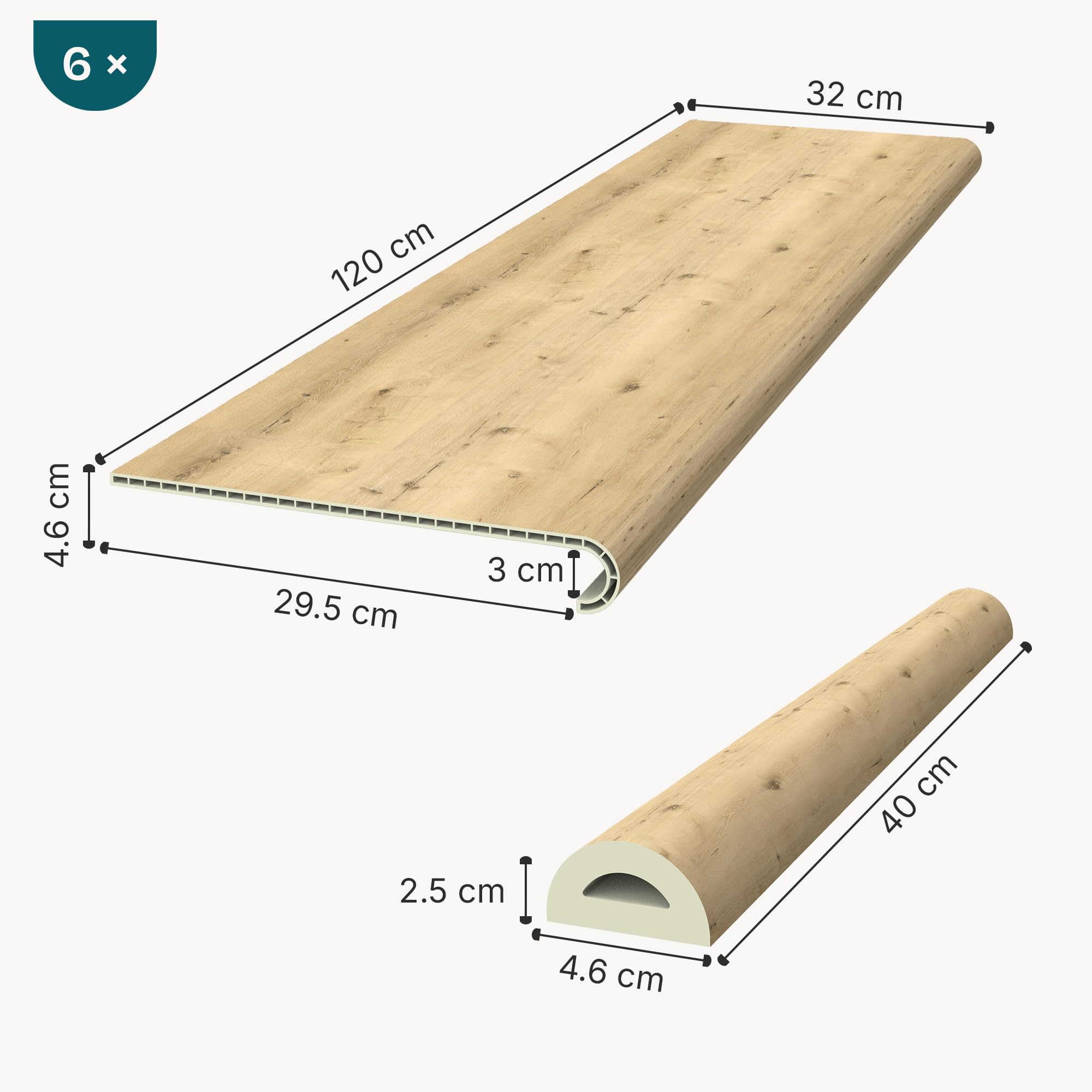 NEU.HOLZ Set di 6 Profili Coprigradini Arrotondati in PVC Copertura Gradini per Rivestimento Scale Interne 120 x 32 x 4,6 cm Naturale