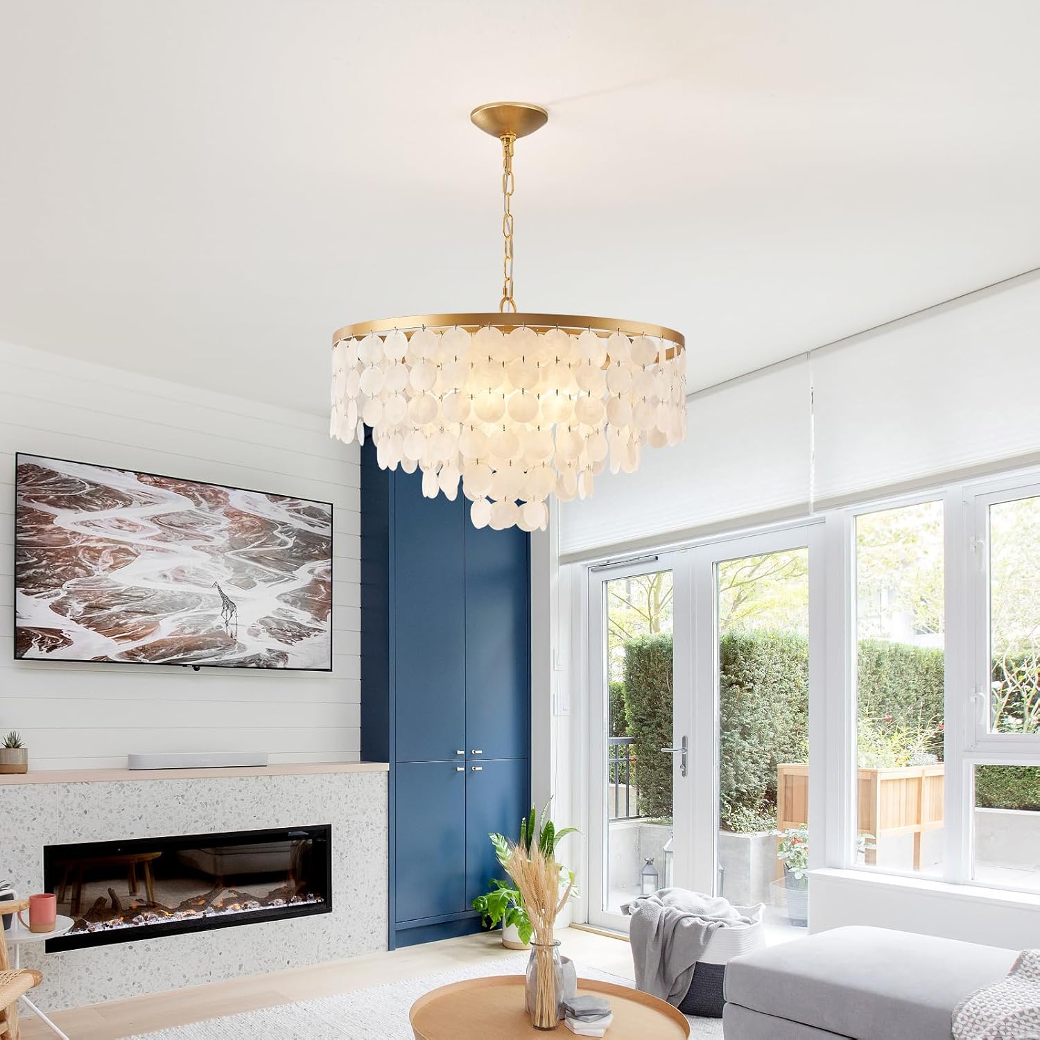 24" Capiz Shell Chandelier, 5 Light Gold Dining Room Light Fixture Modern Coastal Chandeliers for Bedroom Bathroom Kitchen and Foyer(White Seashell Lighting Fixtures)