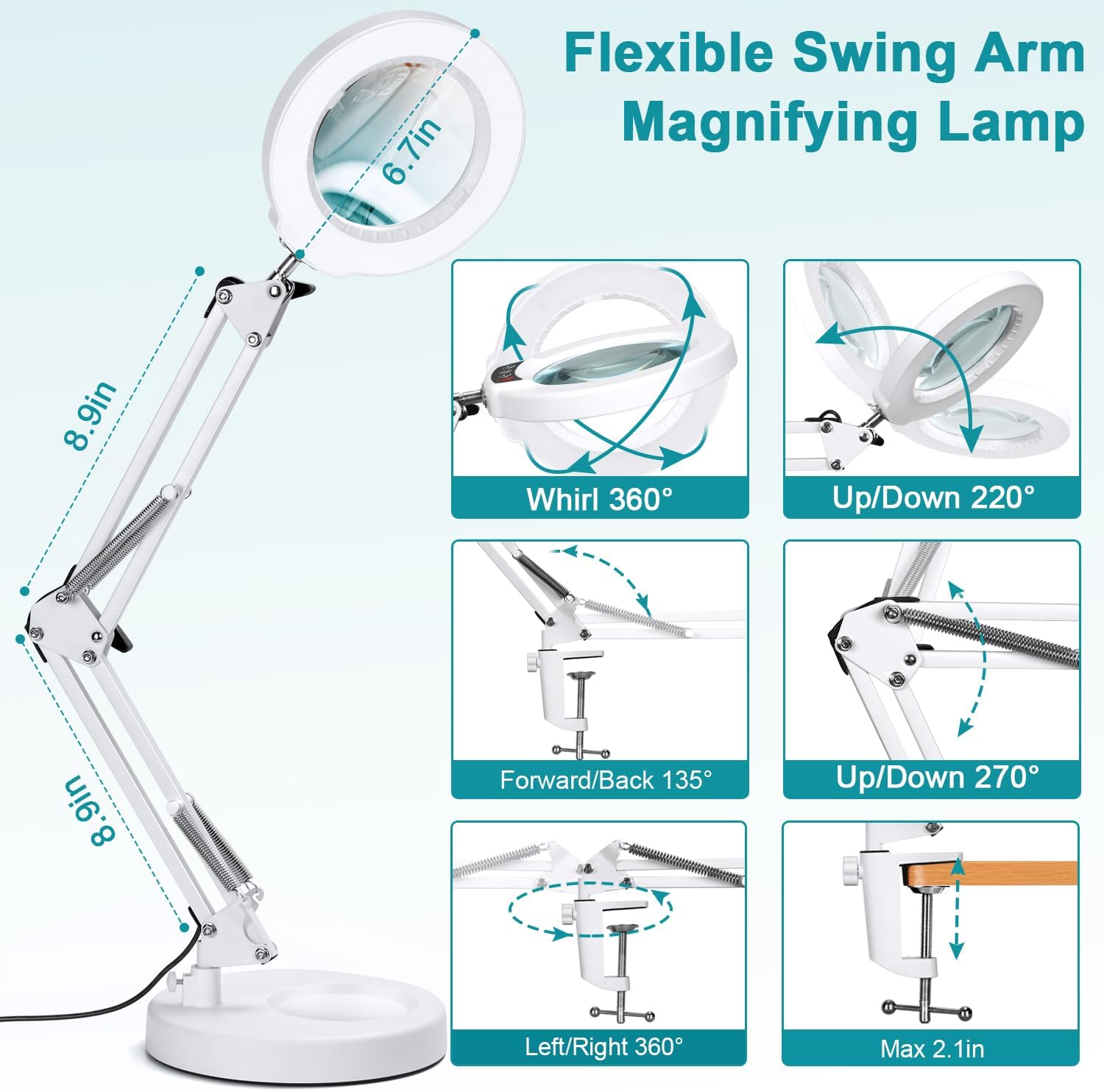 10X Magnifying Glass with Light and Stand, 2-in-1 Desk Lamp & Clamp Light, 5 Color Modes, Brightness Stepless Dimmable LED Lighted Magnifier Hands Free, Magnifier Lamp for Crafts - White